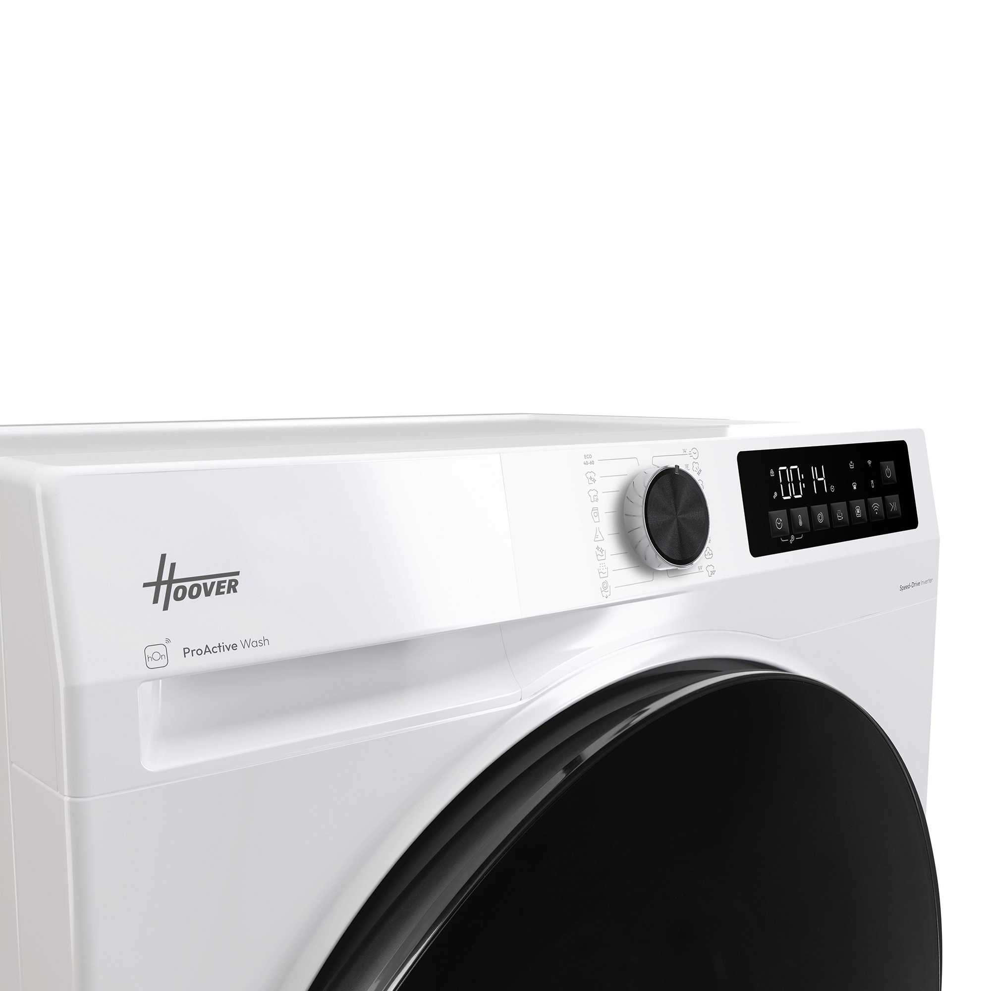 Weiße Hoover ProActive Wash Waschmaschine mit schwarzem Bedienfeld und runder Tür.