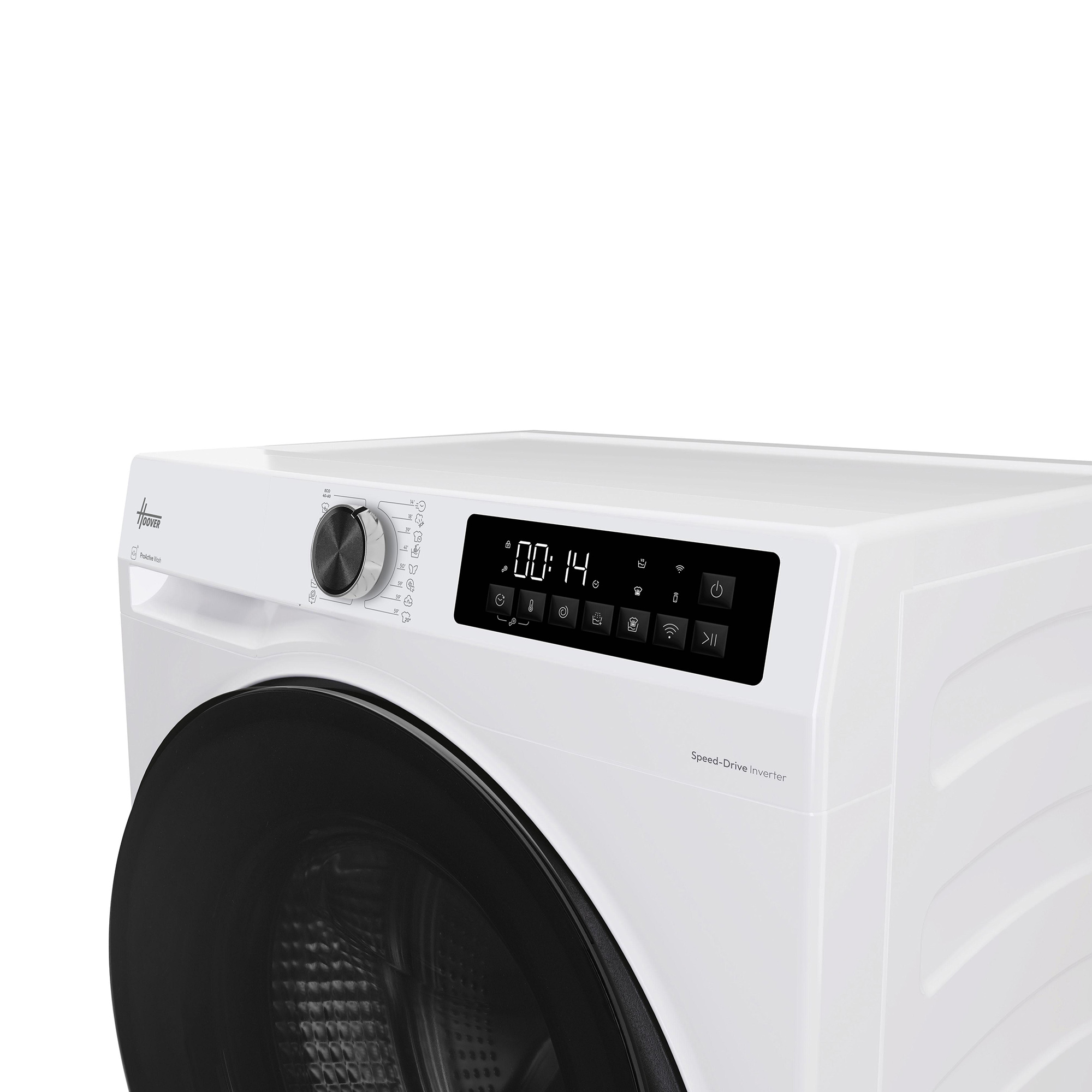 Eine weiße Waschmaschine mit schwarzem Display und Drehregler gegen weißen Hintergrund.