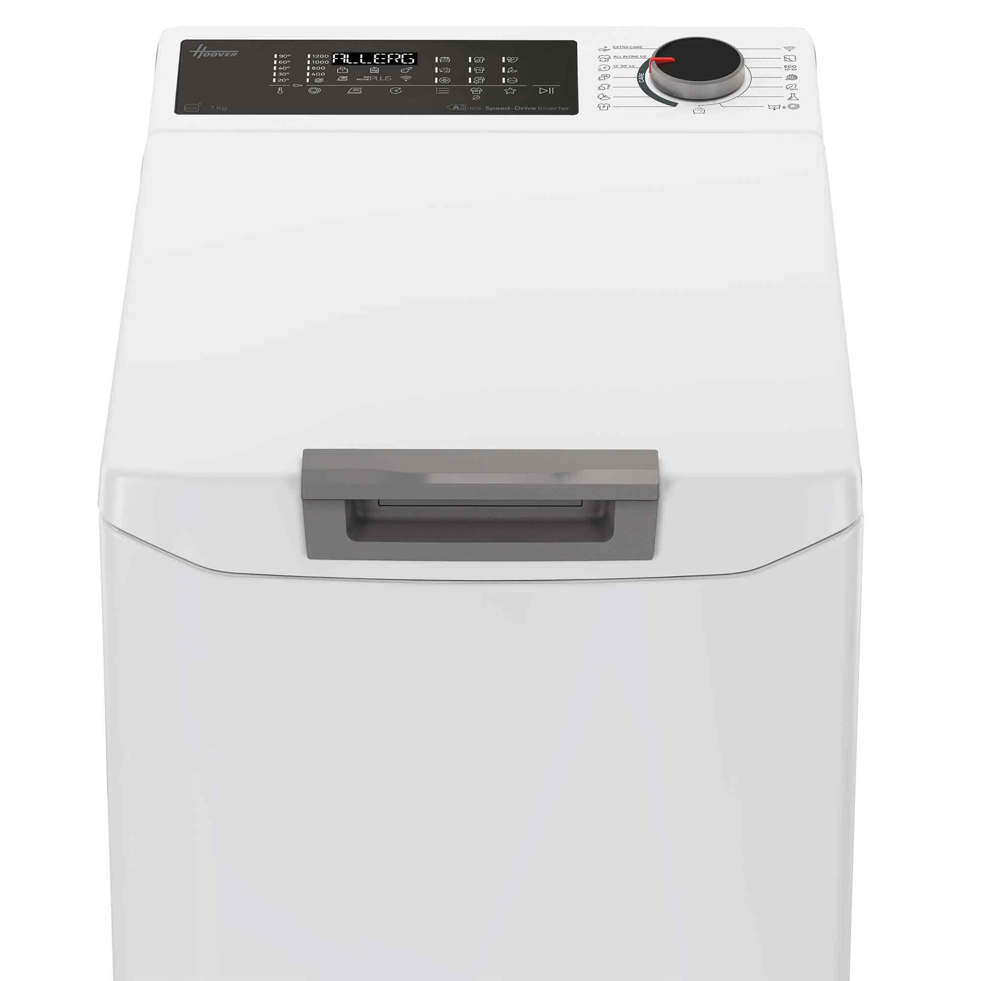 Eine weiße Toplader-Waschmaschine von oben, mit digitalem Display und Drehknopf.
