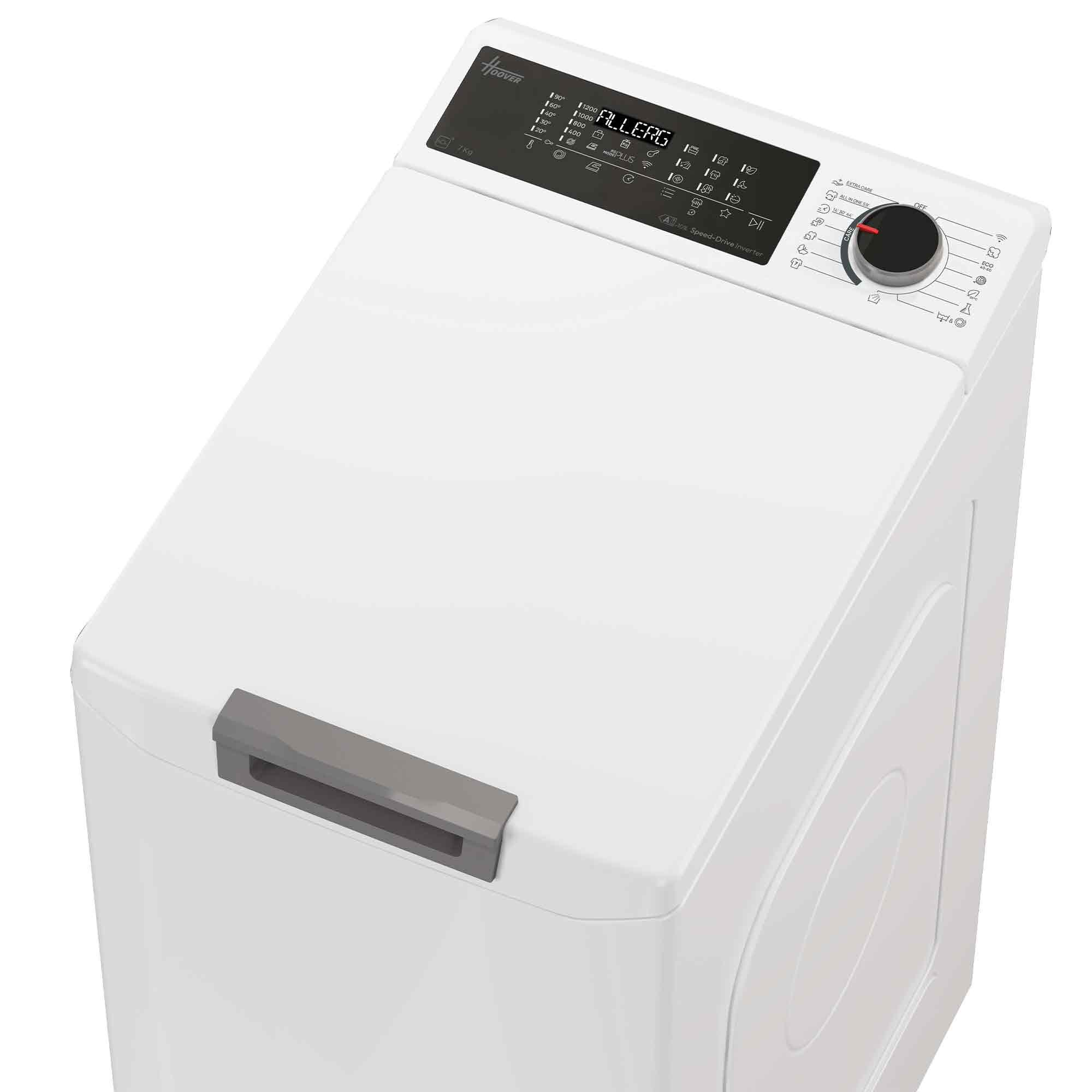 Eine Ansicht von oben auf eine weiße Hoover-Toplader-Waschmaschine mit Digitaldisplay und Drehregler.