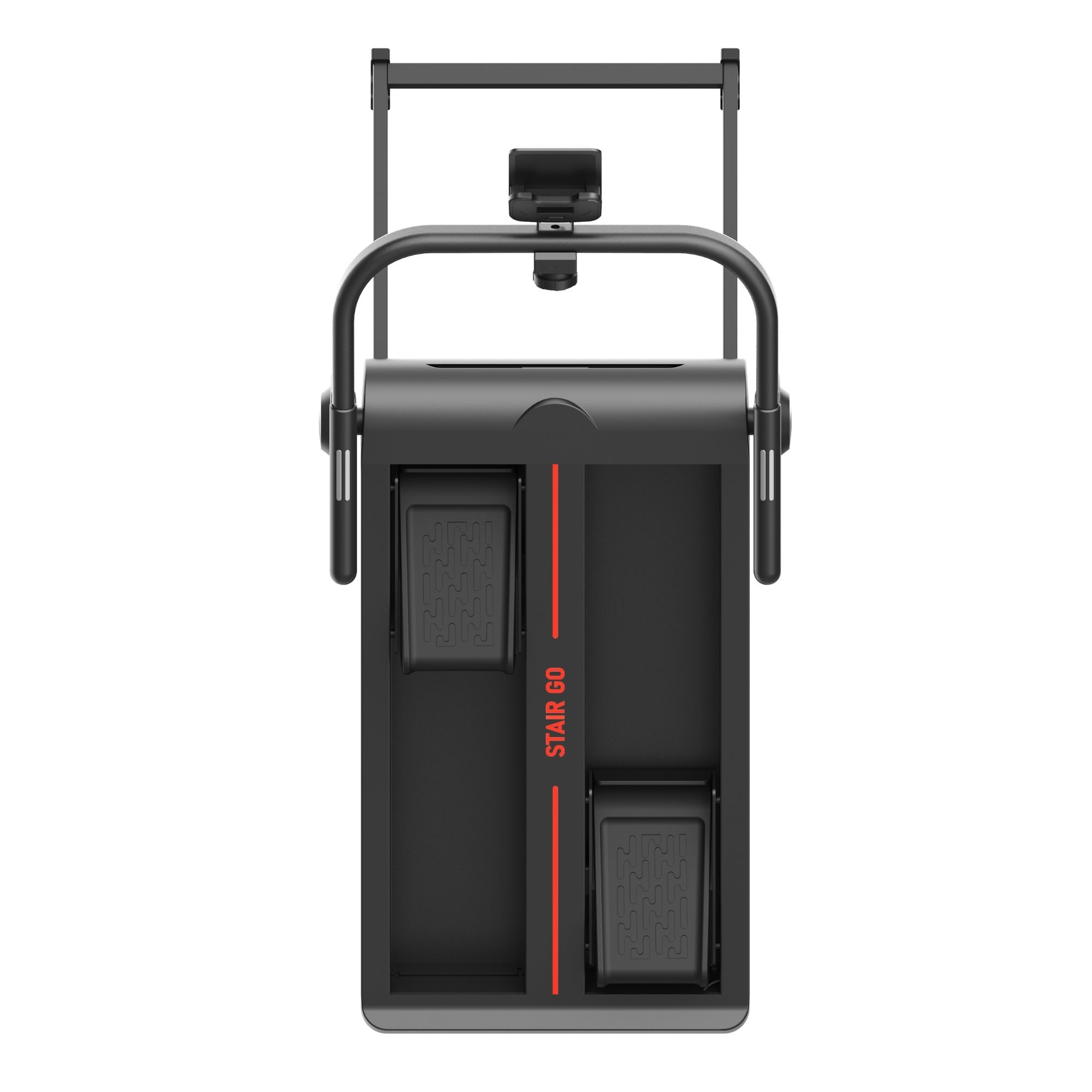 Un dispositivo negro para subir escaleras con asas y el texto rojo STAIR GO, sobre fondo neutro.