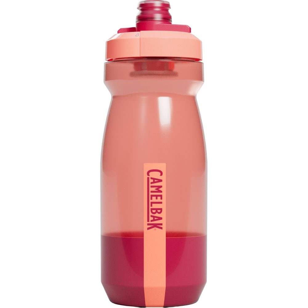 Eine rosa und rote CamelBak Sporttrankflasche auf weißem Hintergrund.