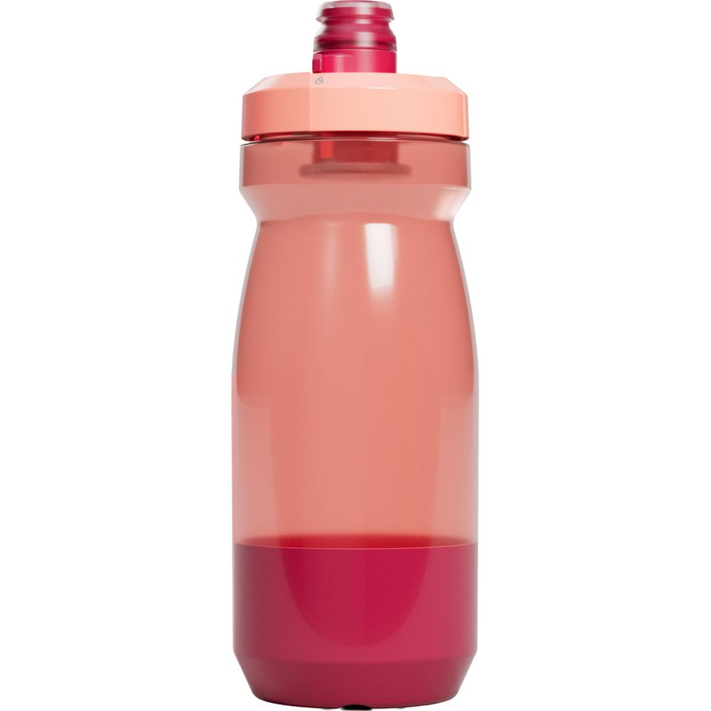 Eine halbtransparente pinke Sportflasche mit einem hellrosa Deckel und roter Basis vor weißem Hintergrund.