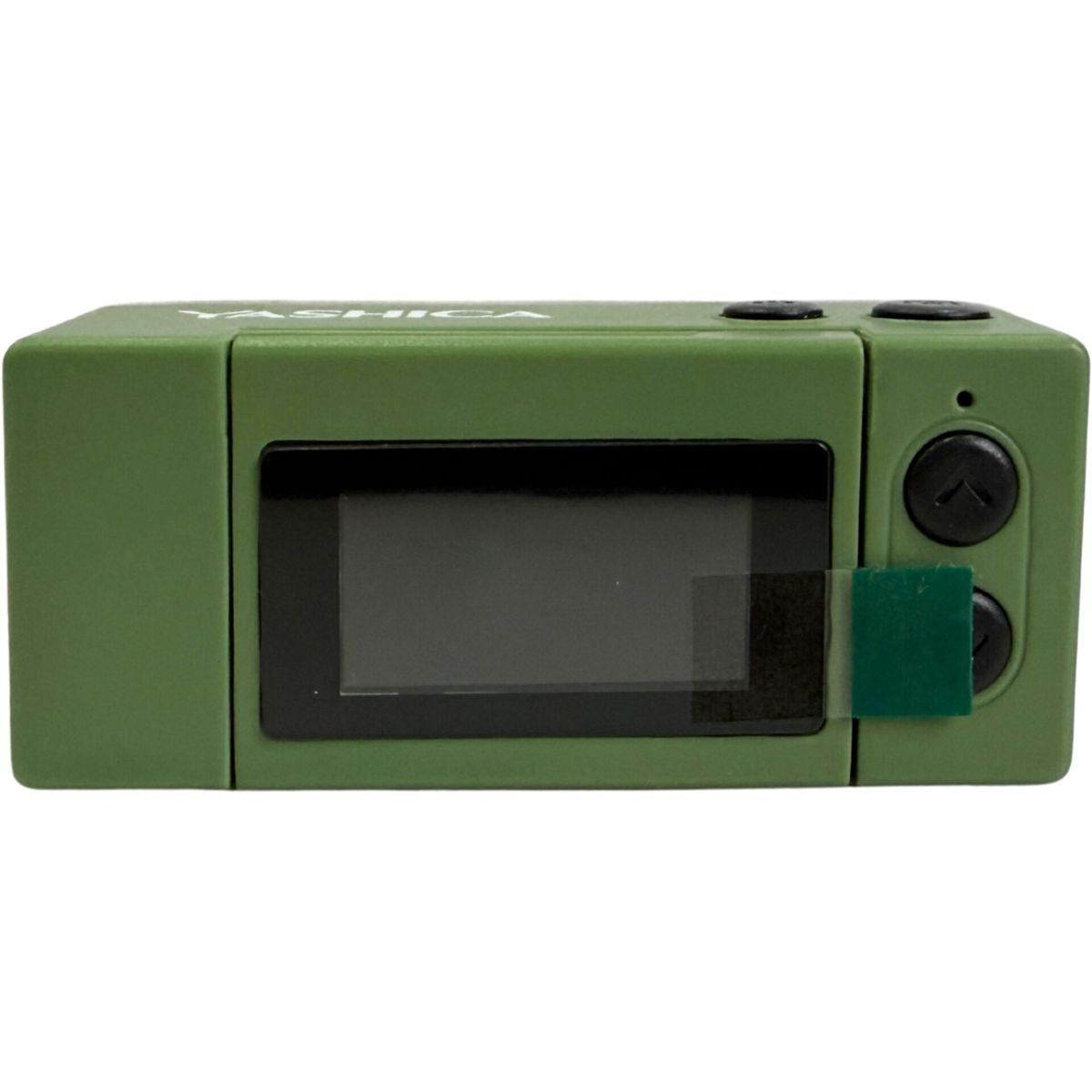 Ein mattgrünes elektronisches Gerät mit rechteckigem Bildschirm, zwei runden Knöpfen rechts und weißer Yashica-Aufschrift.