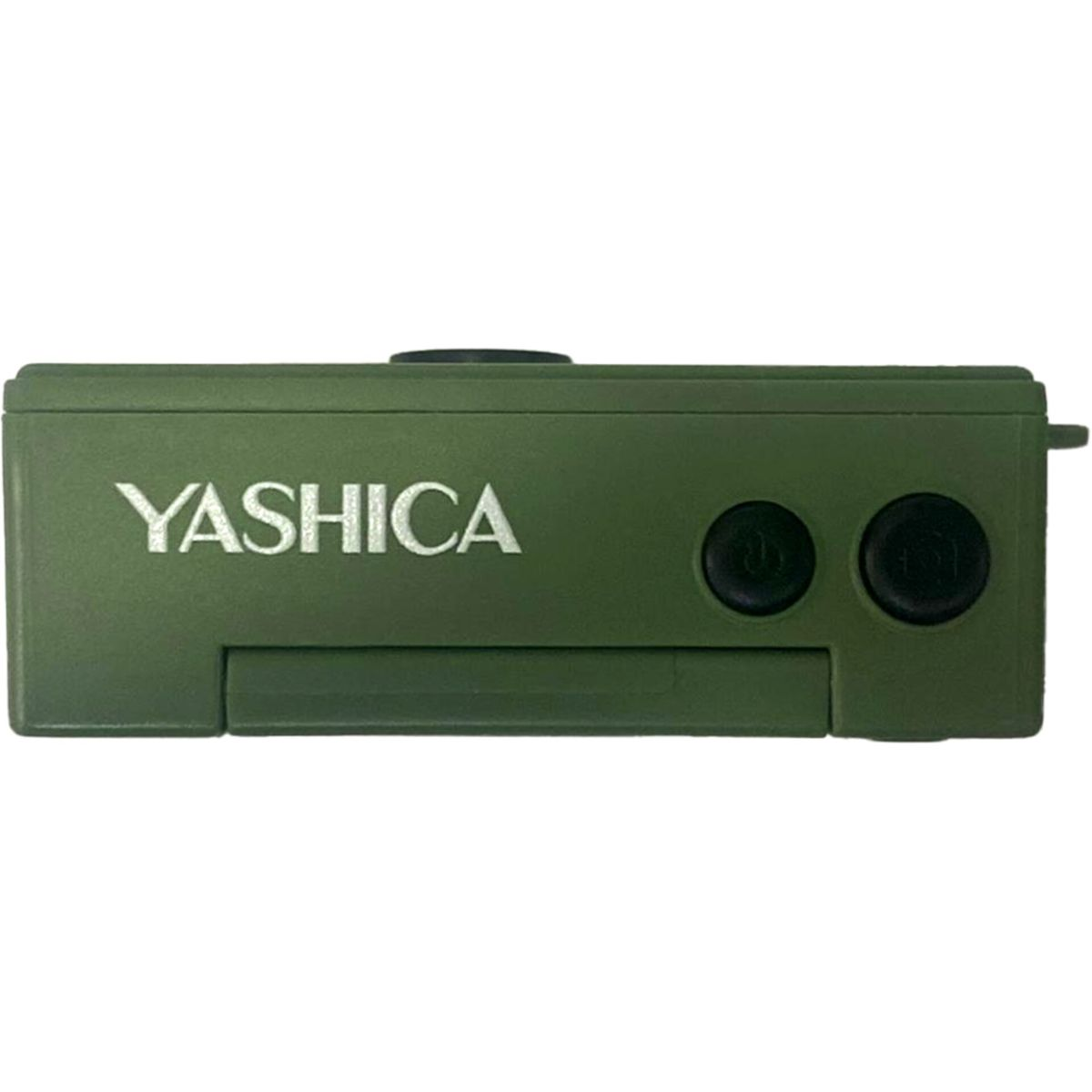 Eine grüne Yashica-Digitalkamera mit zwei runden schwarzen Knöpfen auf der Oberseite.