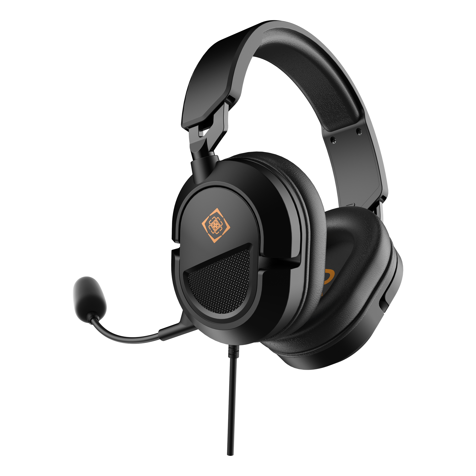 Ein schwarzes Gaming-Headset mit Mikrofon, gepolsterten Ohrmuscheln und orangefarbenem Logo vor weißem Hintergrund.