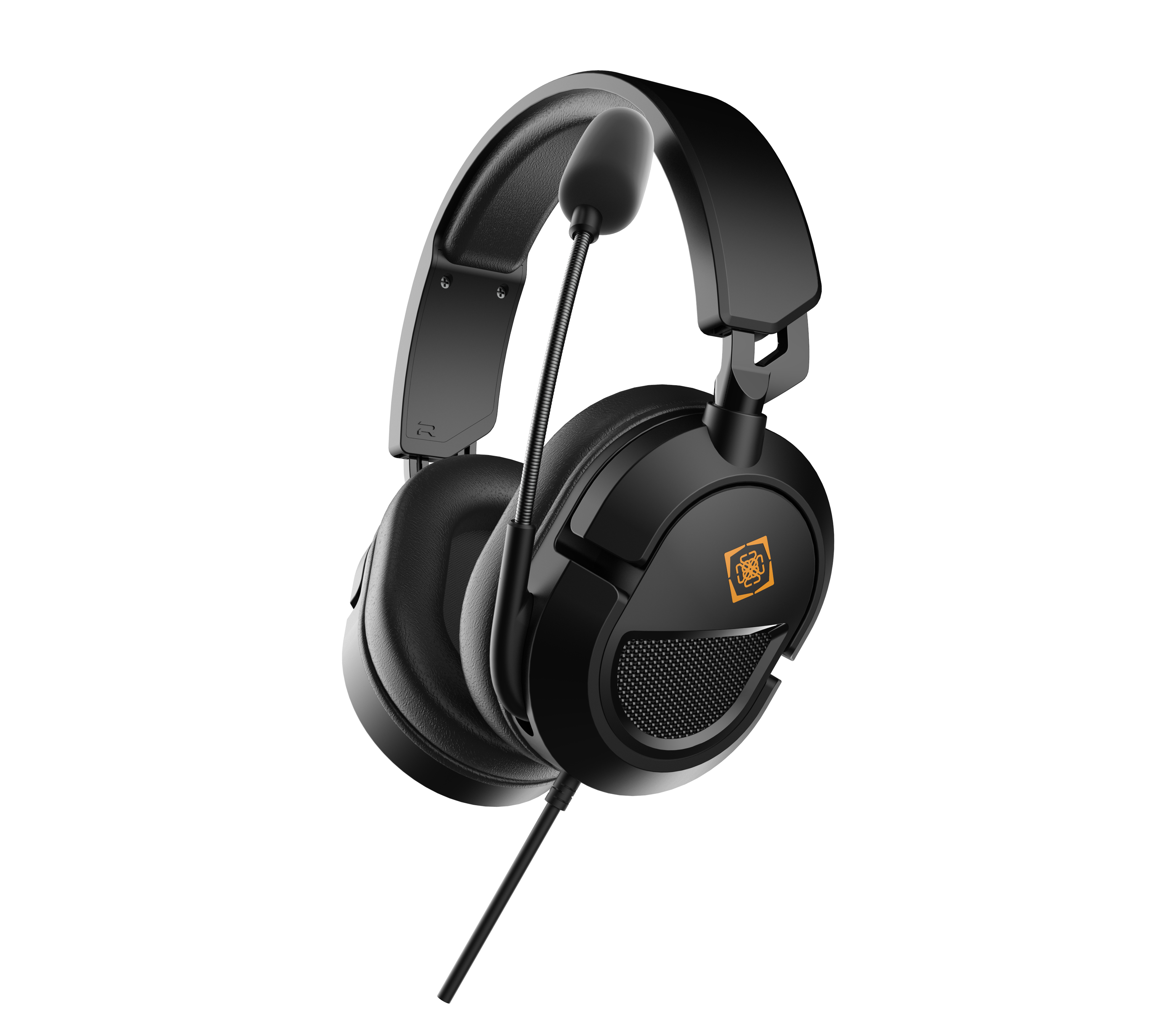 Schwarzes Gaming-Headset mit gepolstertem Kopfband, Mikrofonarm, Mesh-Detail an der Ohrmuschel und gelbem Logo.