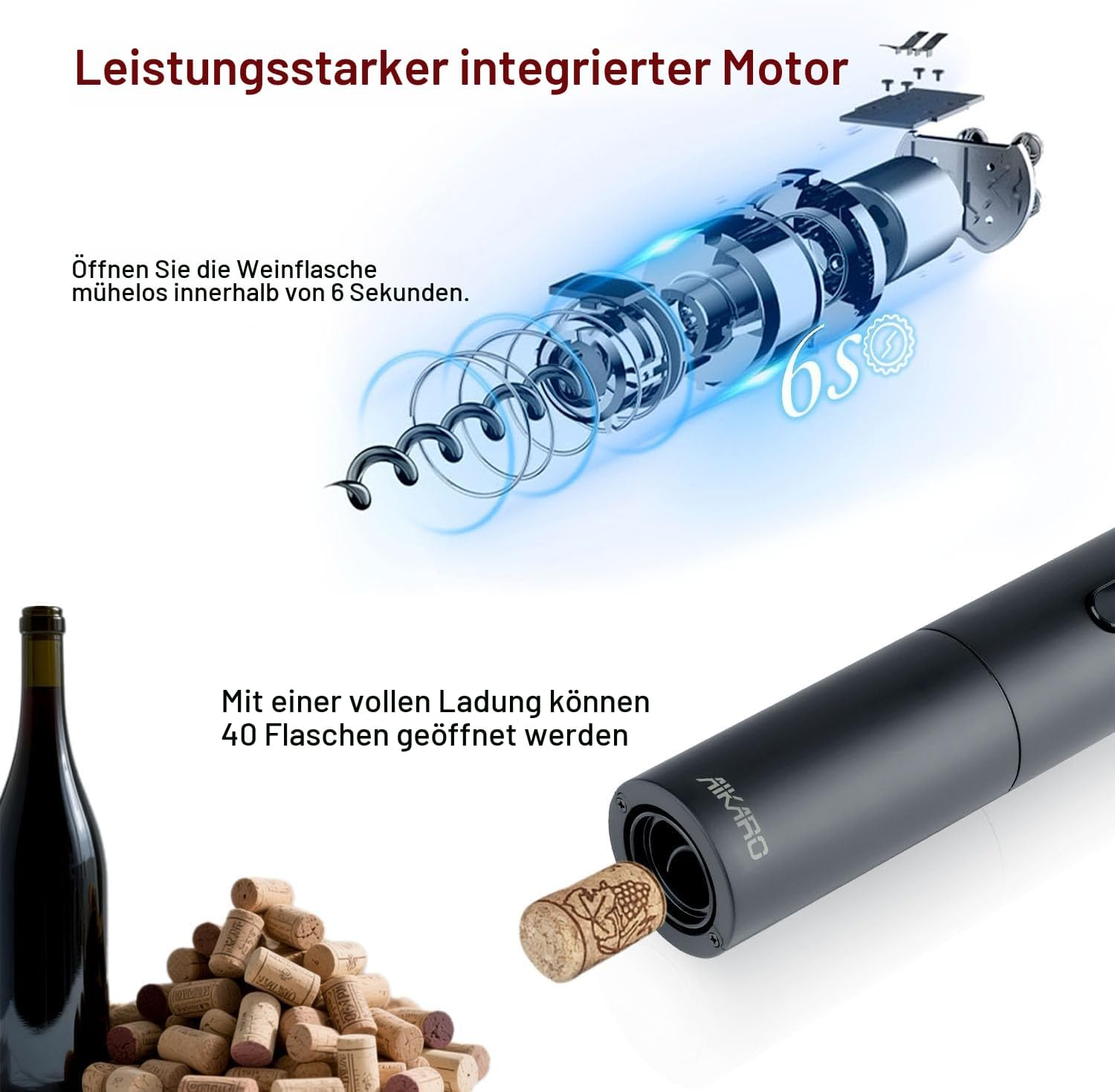 Diagramm eines elektrischen Weinöffners mit Motor, Korken und Weinflasche.