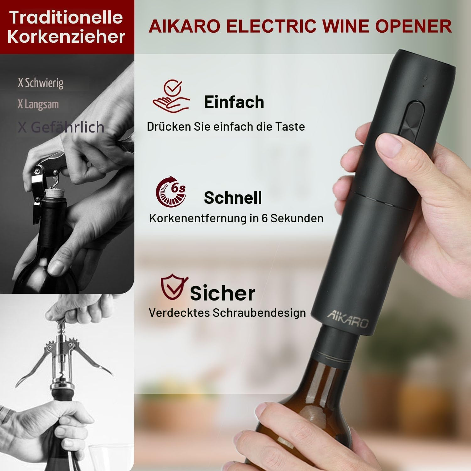 Vergleich zwischen einem traditionellen Korkenzieher und dem elektrischen Aikaro Weinkönner.