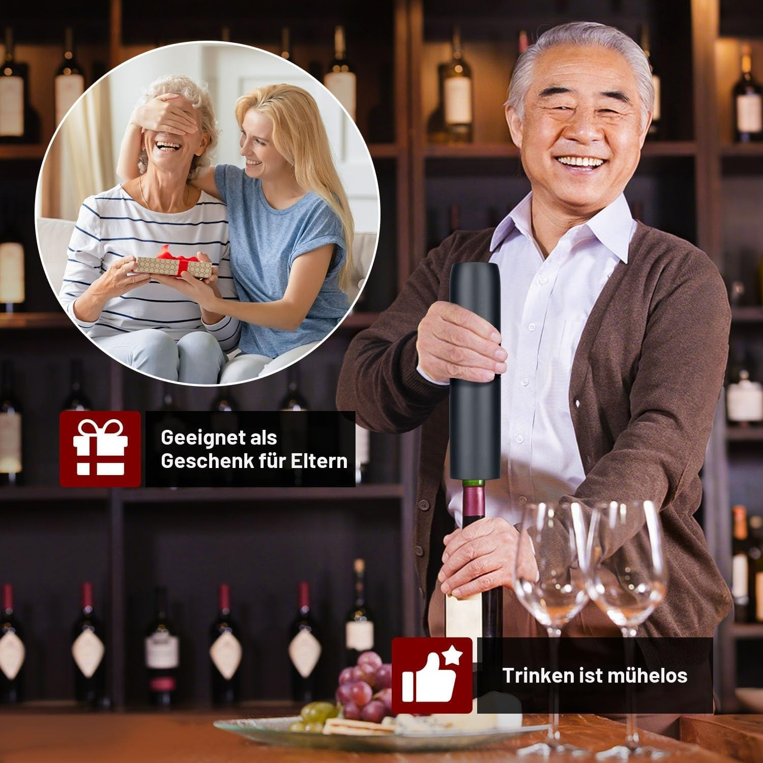 Ein älterer Mann öffnet Wein mit elektrischem Korkenzieher; ein Inset zeigt zwei Frauen mit einem Geschenk.