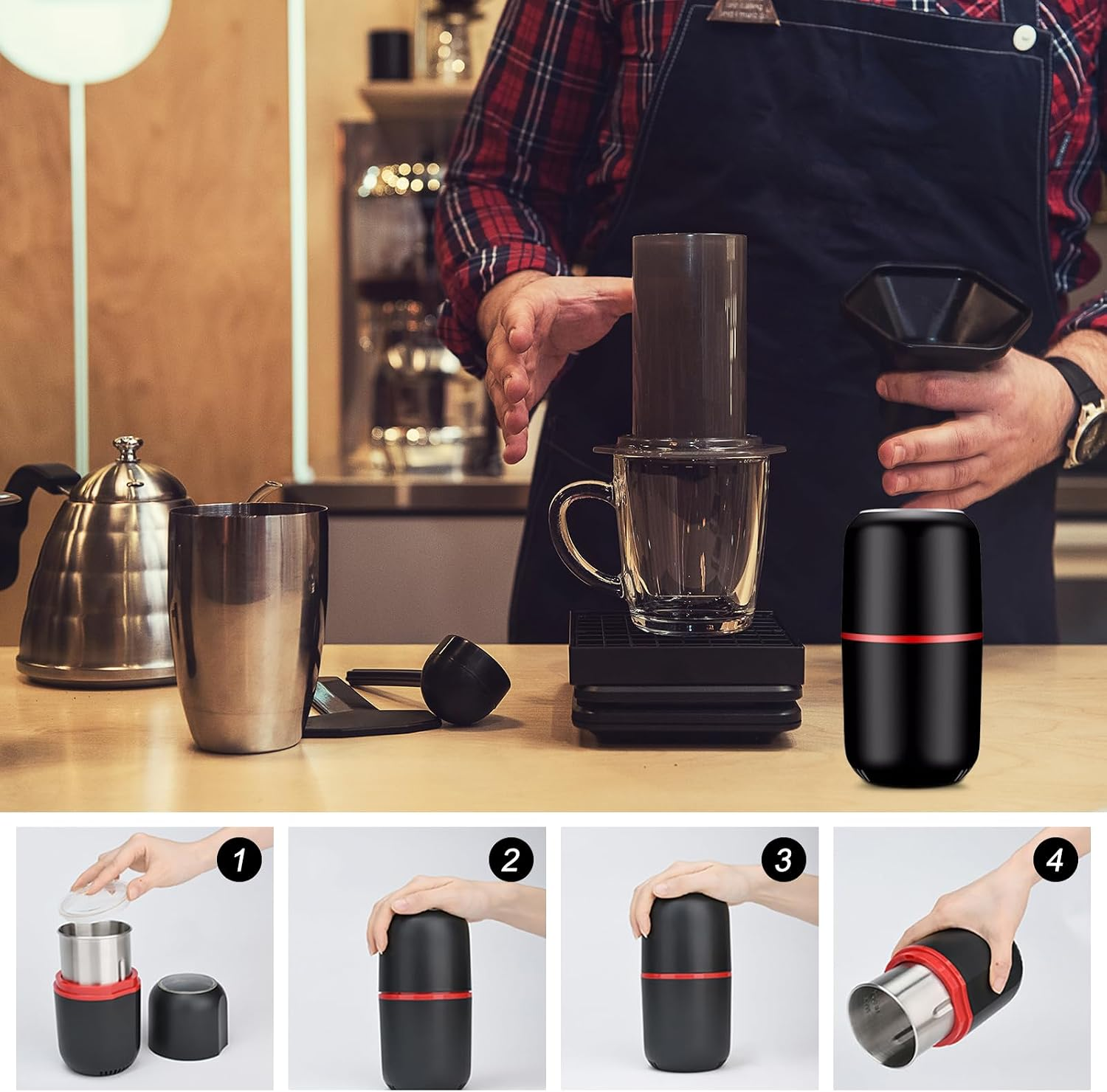 Eine Person beim Kaffeezubereiten mit Zubehör wie Kaffeemühle, Kanne und Kaffeebereiter.