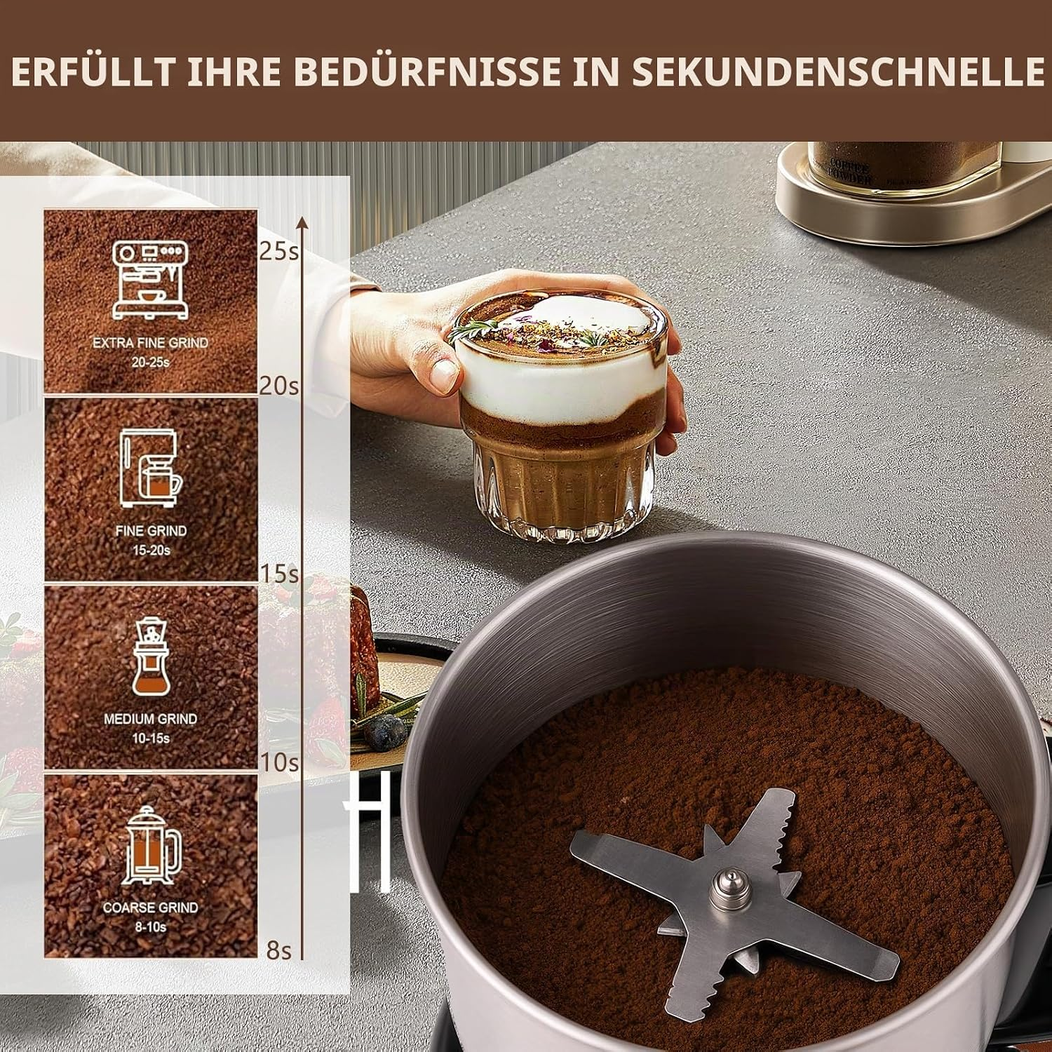 Kaffeemühle mit gemahlenem Kaffee, Beispielen für Mahlgrade und einer Kaffeetasse auf einer Arbeitsplatte.