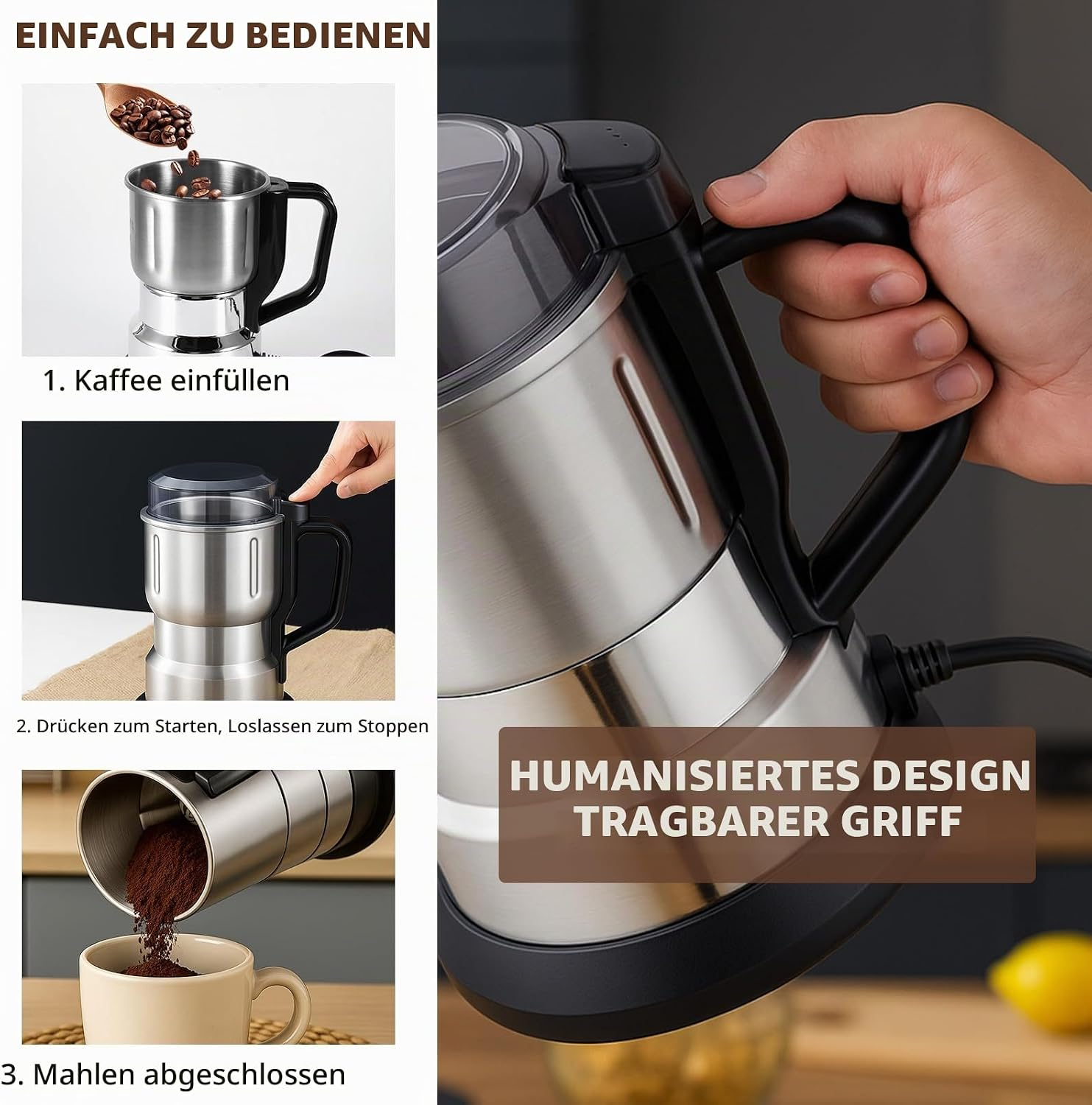 Eine Kaffeemühle zeigt Schritte wie Kaffeefüllen, Drücken und Mahlen.