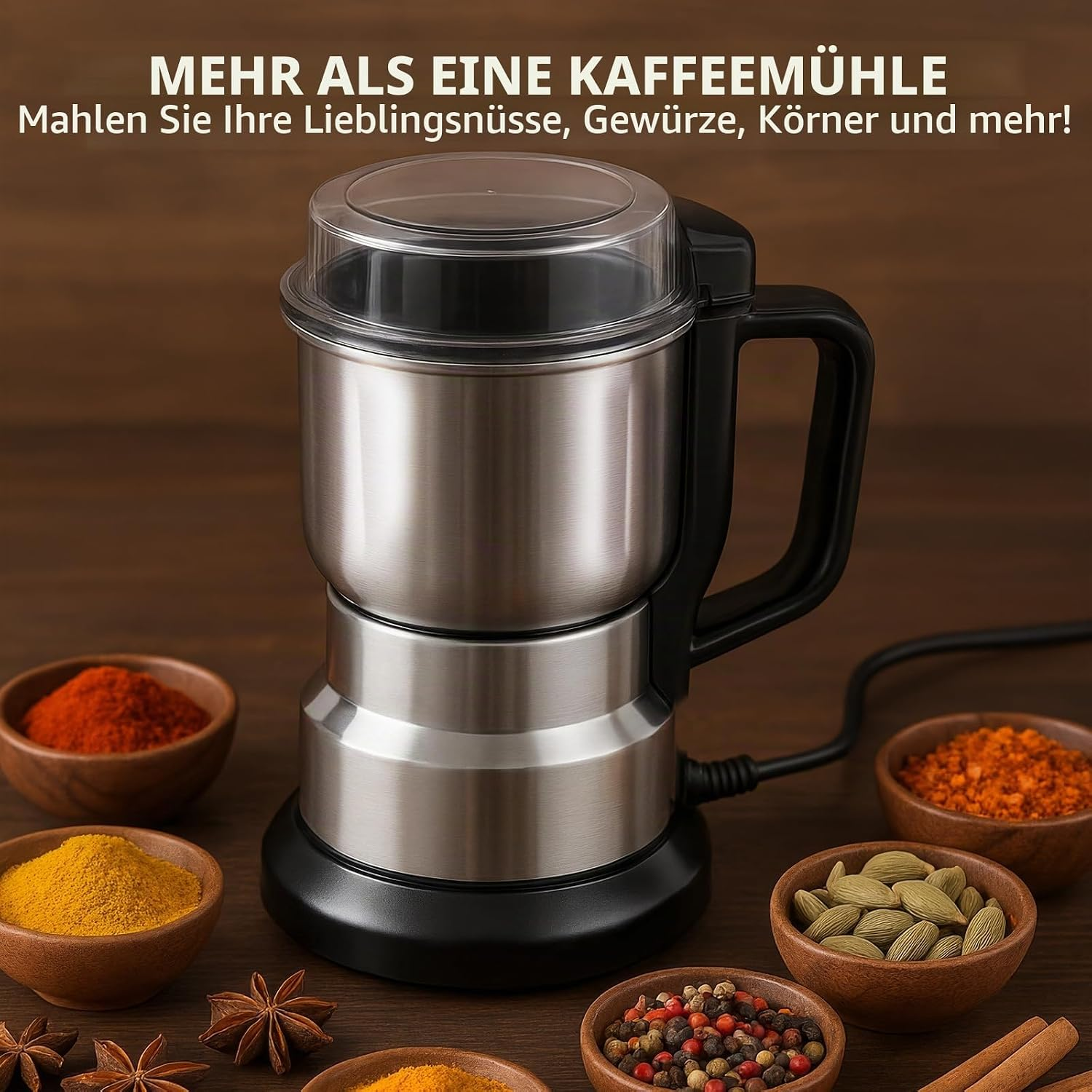 Eine Gewürz- und Kaffeemühle aus Edelstahl auf einem dunklen Holztisch, umgeben von Schalen mit Gewürzen.