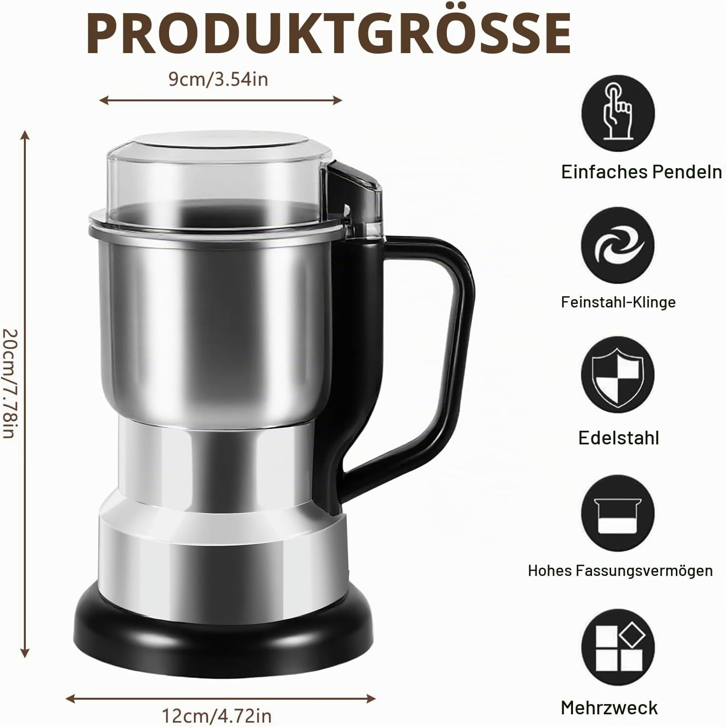 Produktgröße und Eigenschaften eines Edelstahl-Mahlwerks mit transparentem Deckel und schwarzem Griff.