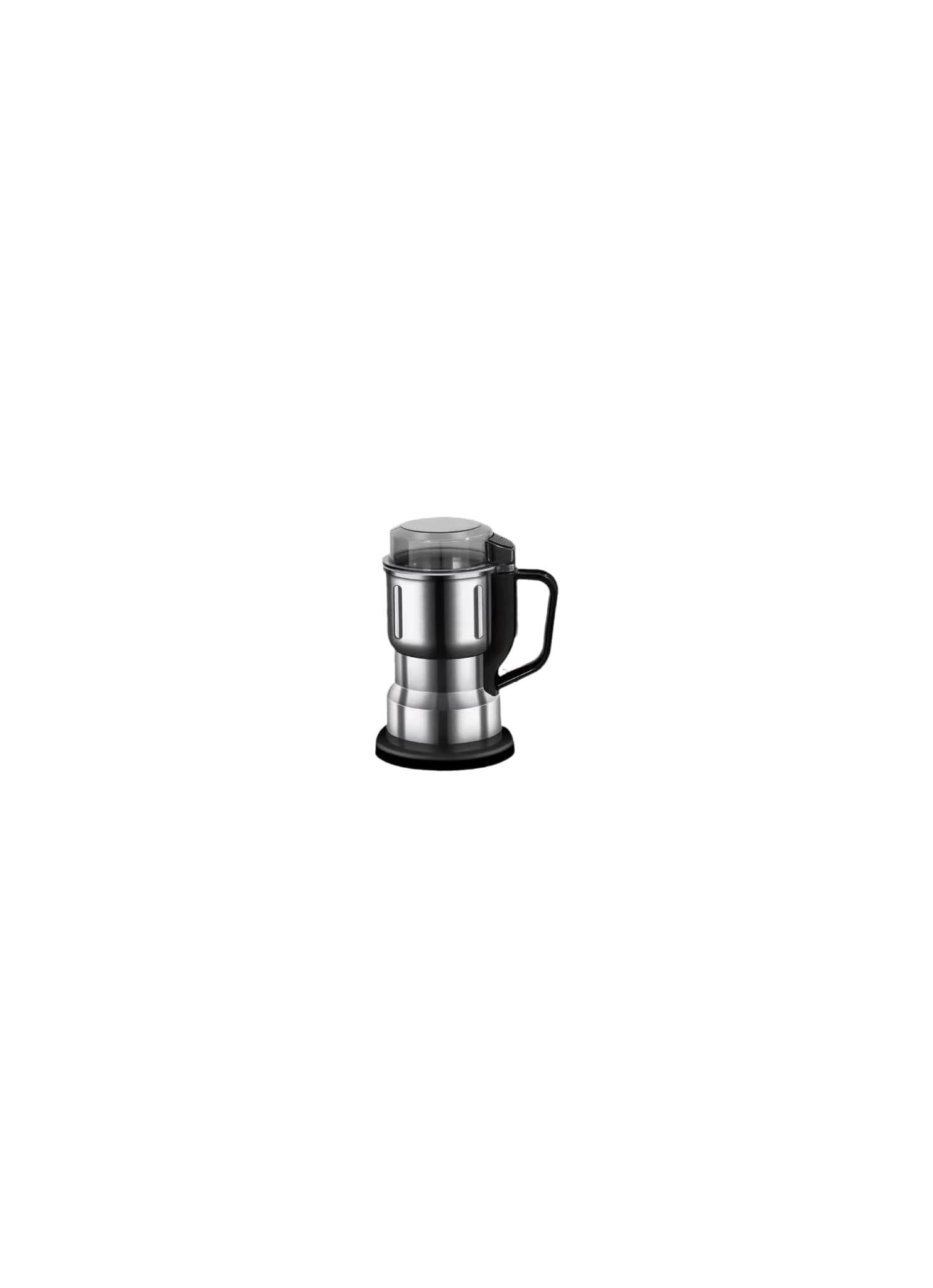Edelstahl-Küchenmaschine mit schwarzem Griff und Deckel auf weißem Hintergrund.