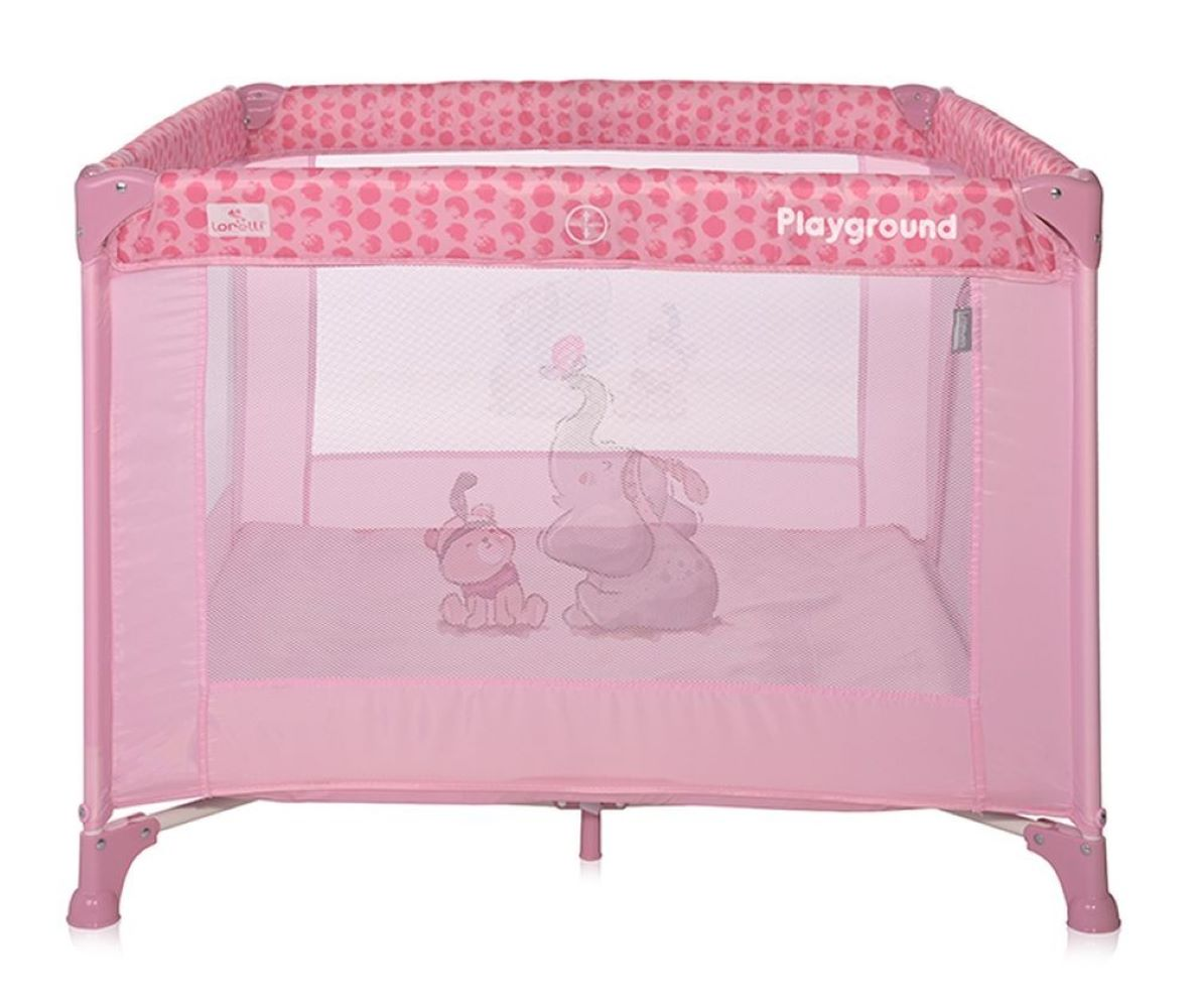 Ein rosafarbener Baby-Reise-Laufstall mit Tiermotiven und Mesh-Seitenwänden.