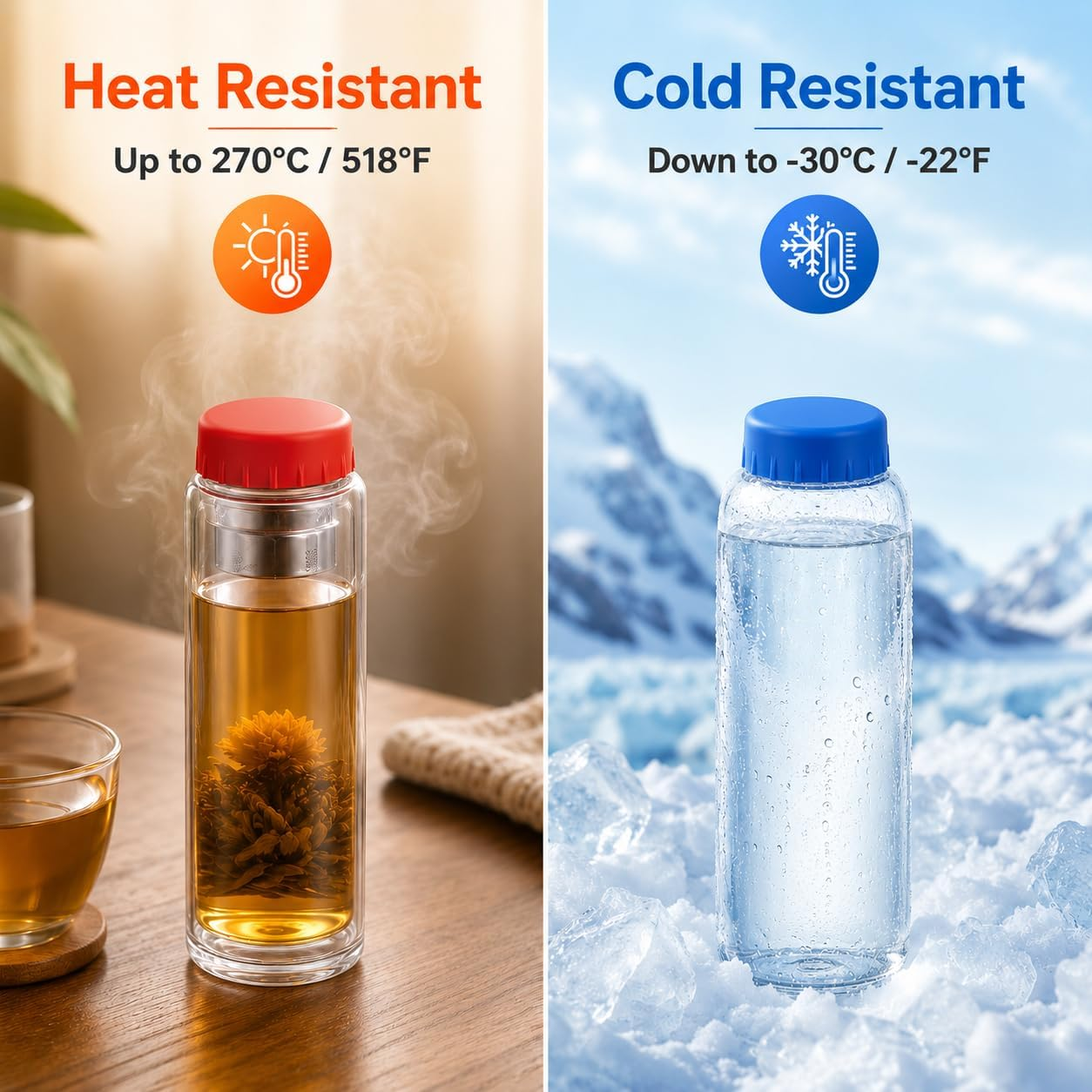 Geteiltes Bild mit einer Glasflasche mit heißem Tee auf Holztisch und kaltem Wasser in schneebedeckten Bergen.