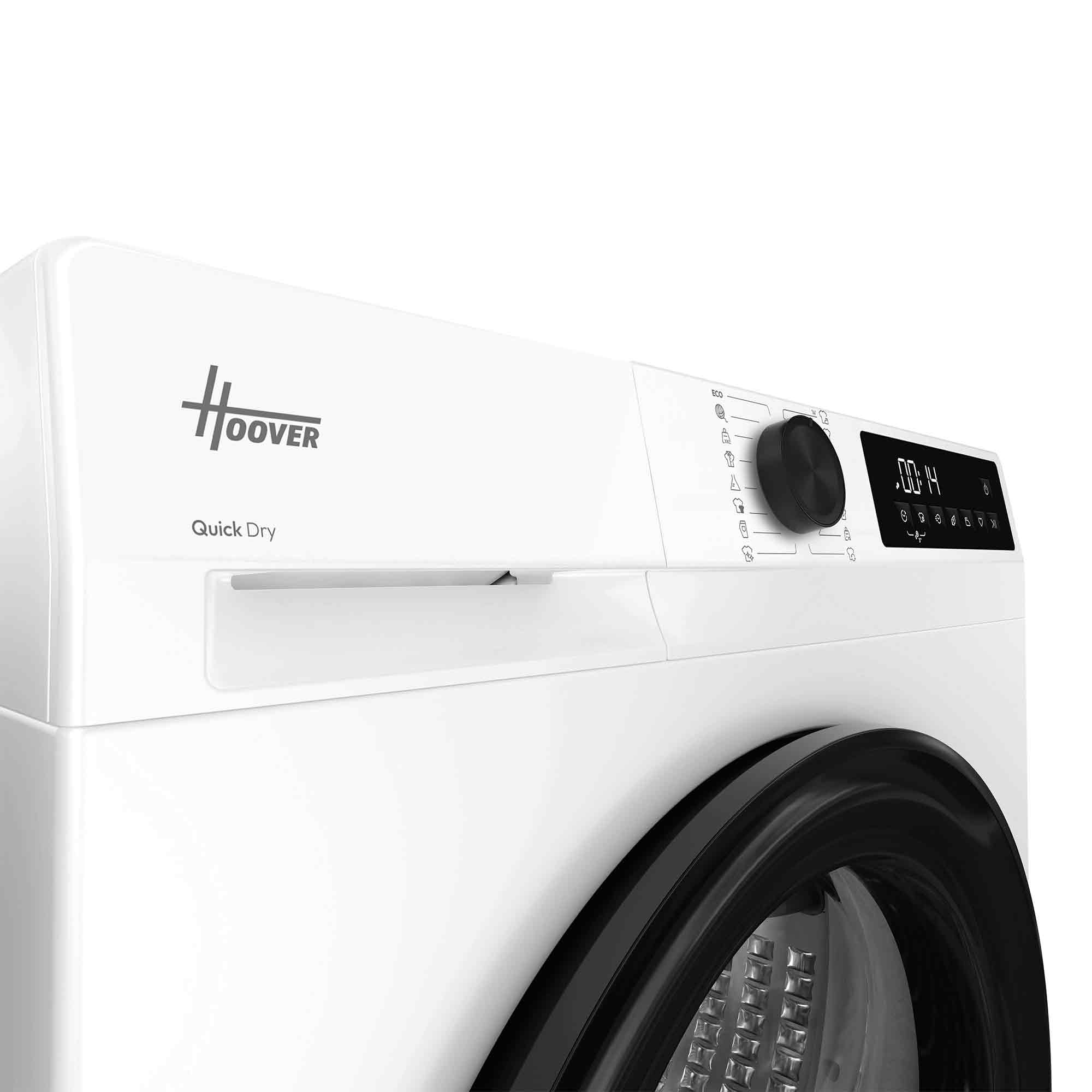 Nahaufnahme eines weißen Hoover-Wäschetrockners mit schwarzem Drehknopf und digitalem Display.