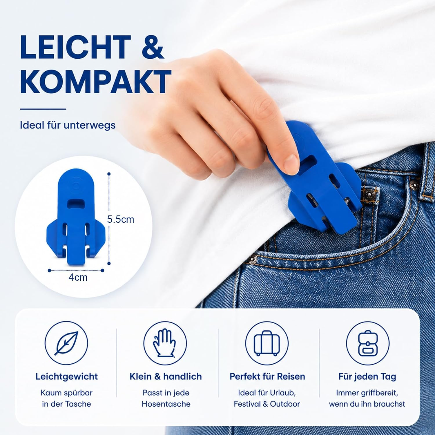 Hand steckt blauen Klappanker in eine Jeanshosentasche, mit Maßen und Icons darunter.