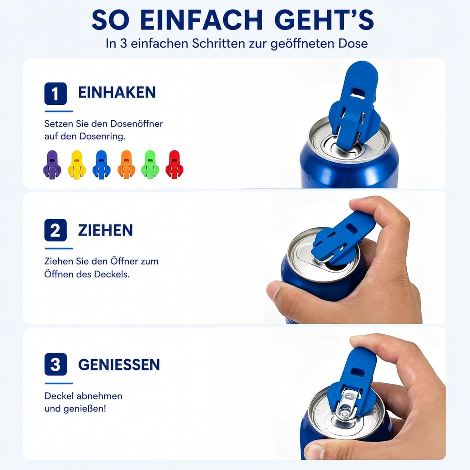 Dreischritt-Anleitung zur Verwendung eines blauen Plastiköffners für Getränkedosen.