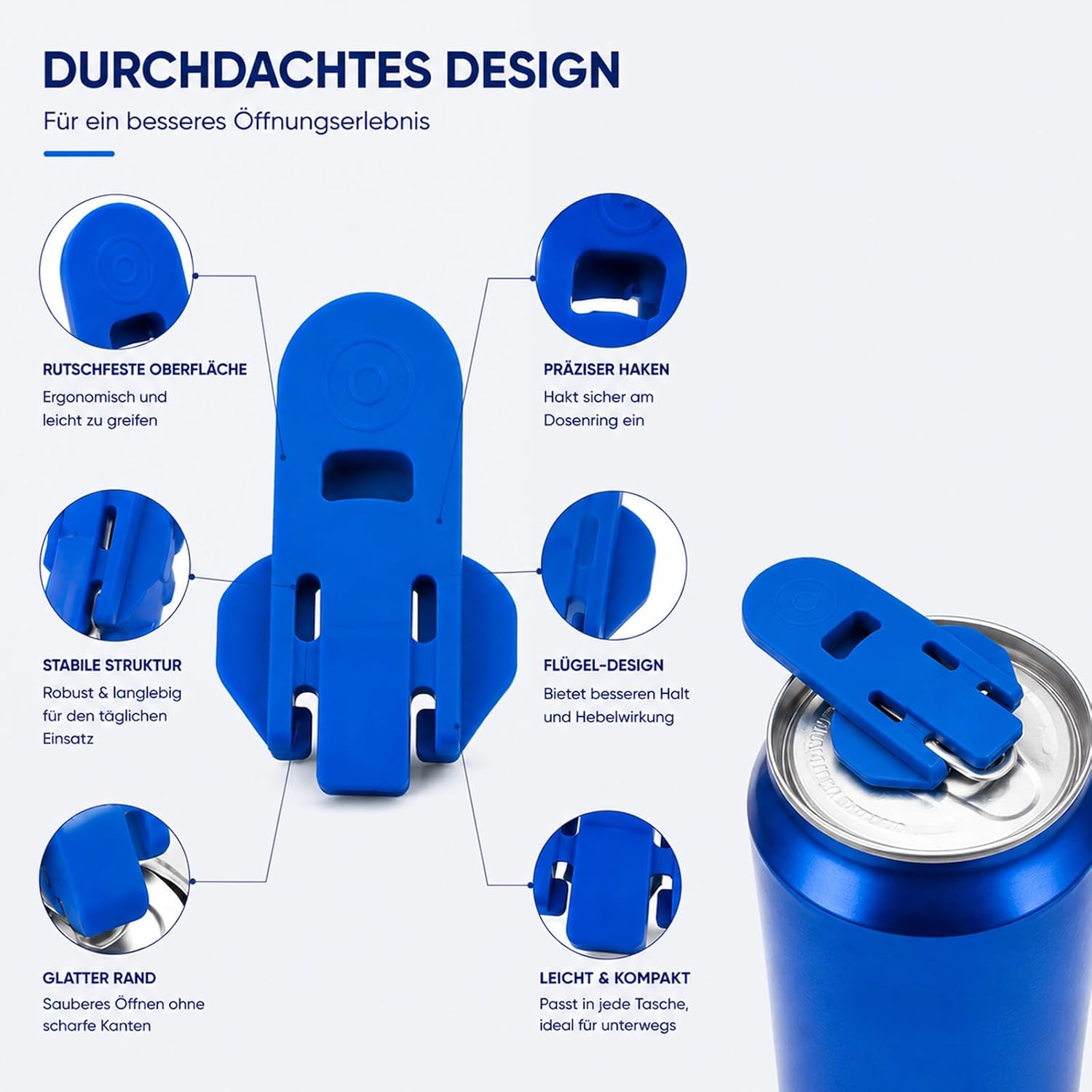 Blauer Dosenöffner mit ergonomischem Design und verschiedenen Detailansichten auf weißem Hintergrund.