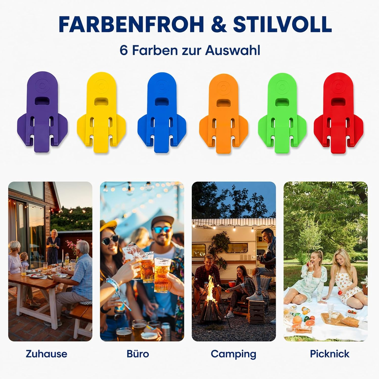Sechs bunte Beutelclips in Violett, Gelb, Blau, Orange, Grün und Rot mit darunter liegenden Alltagsszenen.