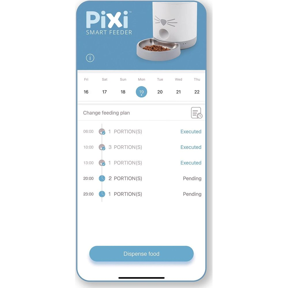 Screenshot der Pixi Smart Feeder App mit Fütterungsplan, Kalender und Ausgabebutton.