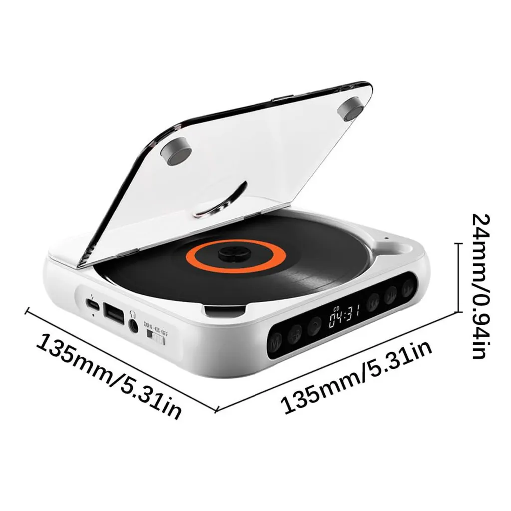Weißer tragbarer CD-Player mit offenem klaren Deckel, schwarzer Disc, Digitalanzeige und Maßangaben auf weißem Hintergrund.