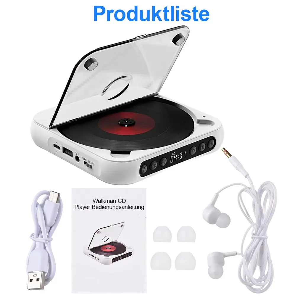 Weißer tragbarer CD-Player mit offenem Deckel, Handbuch, Ladekabel, Kopfhörern und extra Ohrtipps auf weißem Hintergrund.