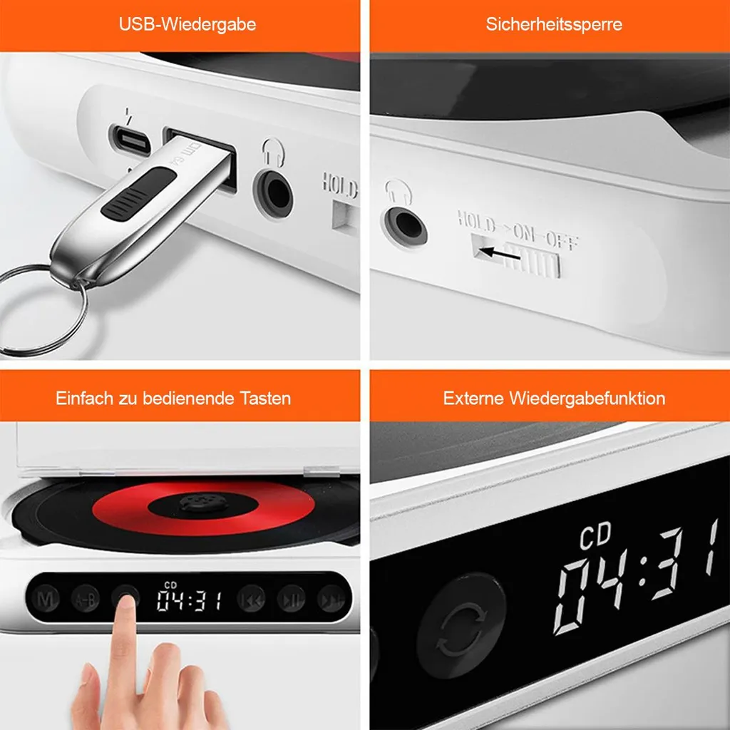Vier Detailansichten eines weißen CD-Players mit USB-Anschluss, Sicherheitsschalter, Tasten und digitalem Display.