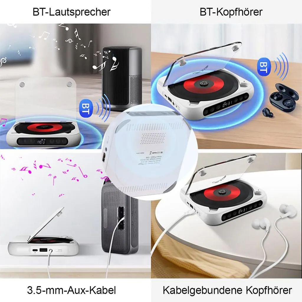 Vier Bilder zeigen CD-Player-Verbindungsoptionen: Bluetooth-Lautsprecher, Bluetooth-Kopfhörer, AUX-Kabel und Kopfhörer.