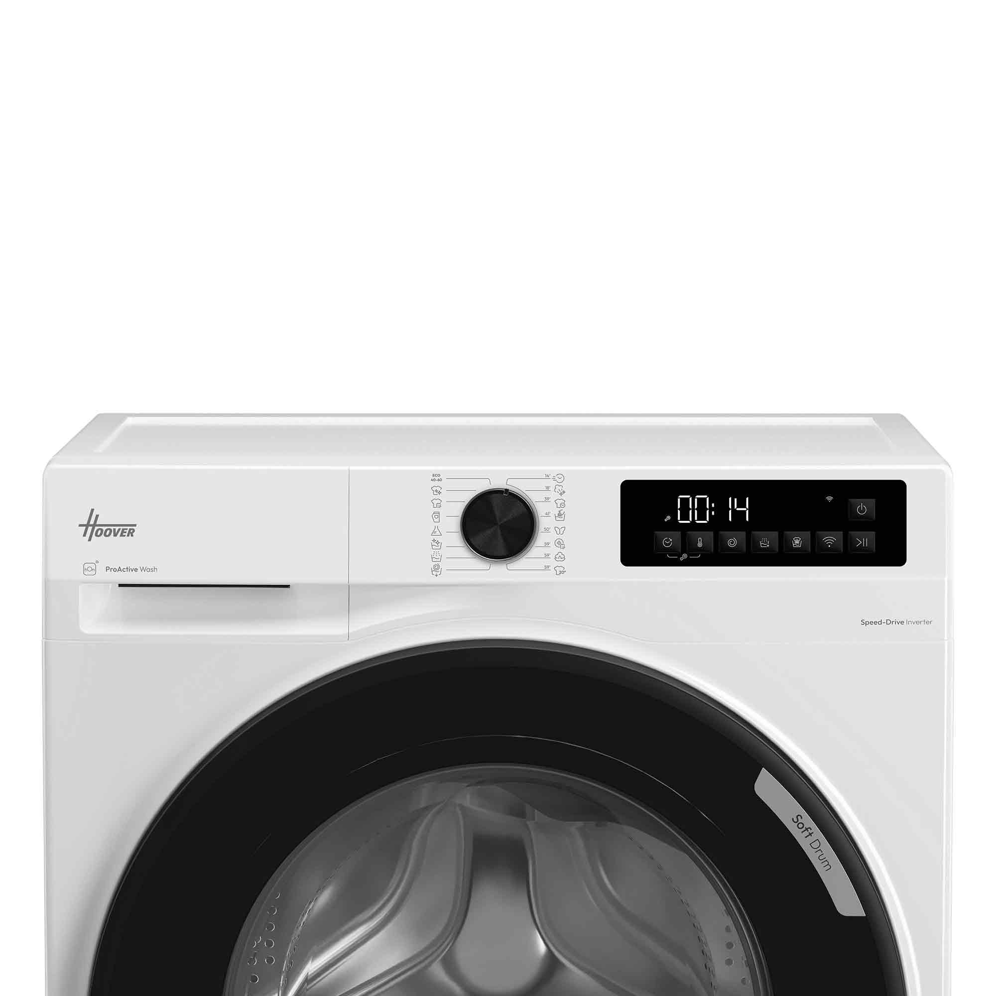 Weisse Hoover Waschmaschine mit Drehregler und digitaler Anzeige.