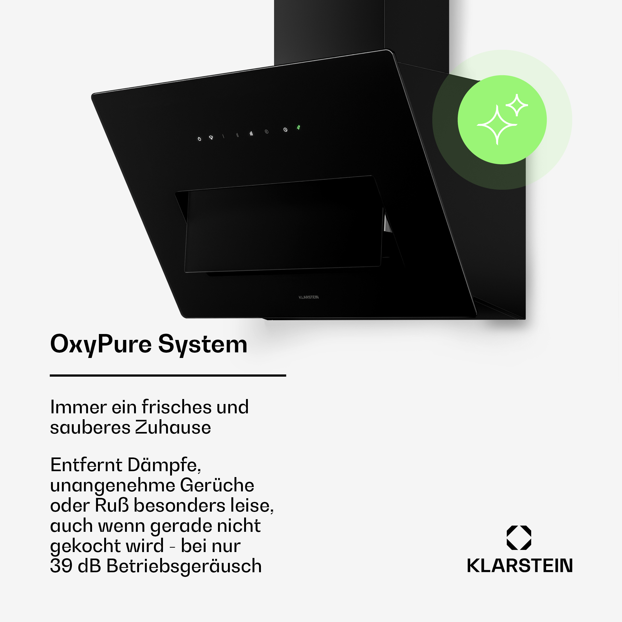 Eine schwarze Klarstein Dunstabzugshaube mit OxyPure-System und grünem Funkel-Symbol.