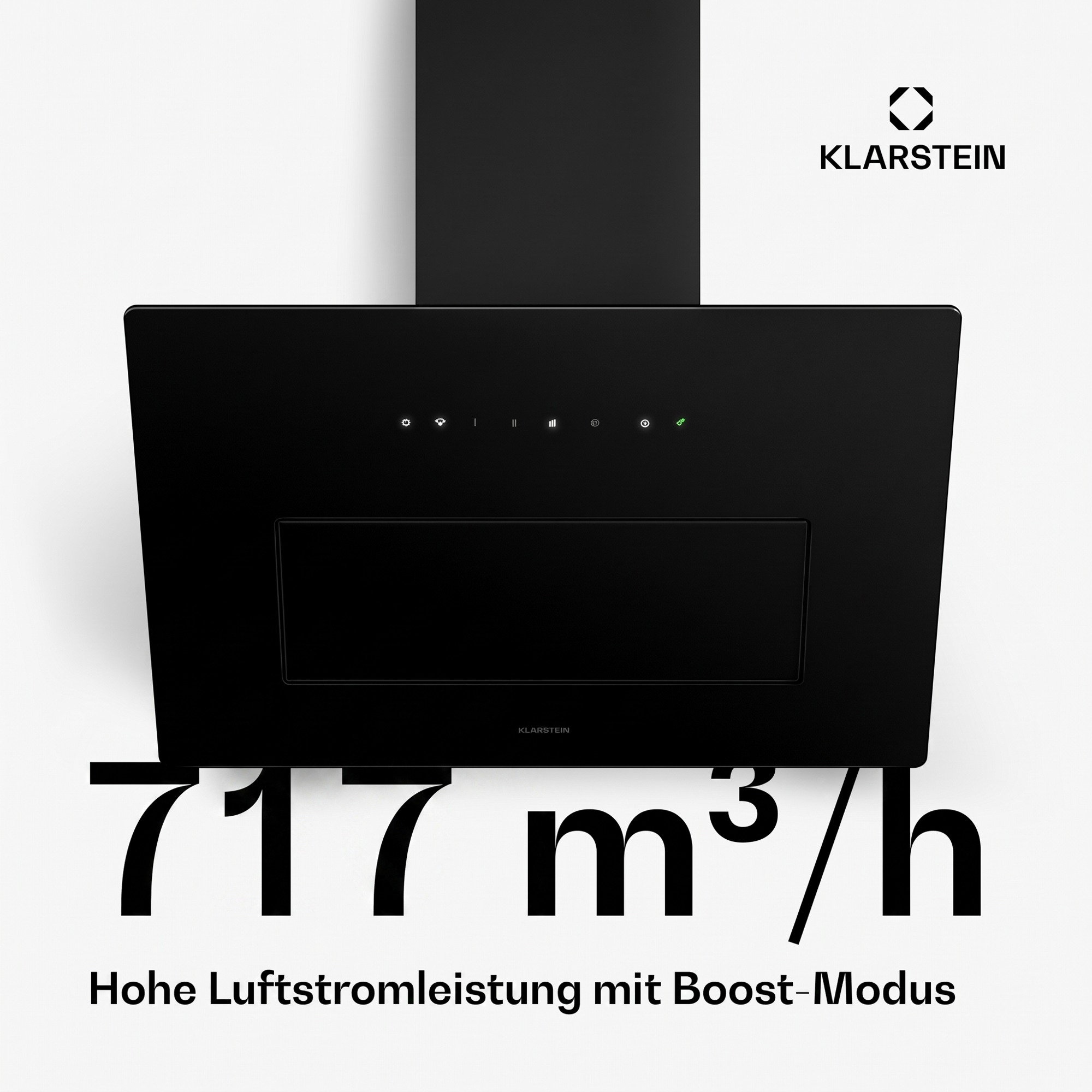 Schwarze Klarstein Dunstabzugshaube vor weißem Hintergrund mit Text 717 m³/h.