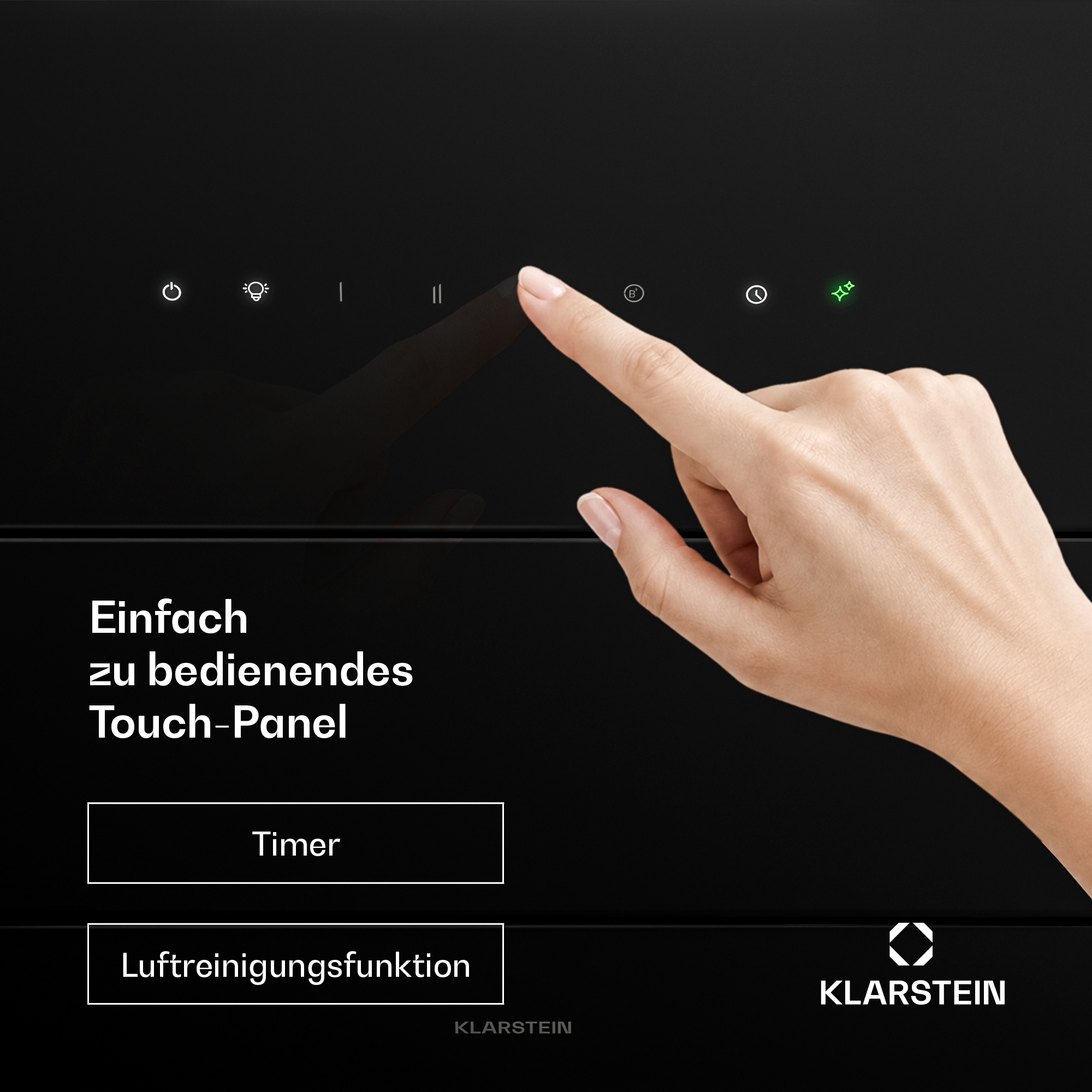 Hand bedient ein schwarzes Touch-Bedienfeld mit verschiedenen Leuchtsymbolen und Text.