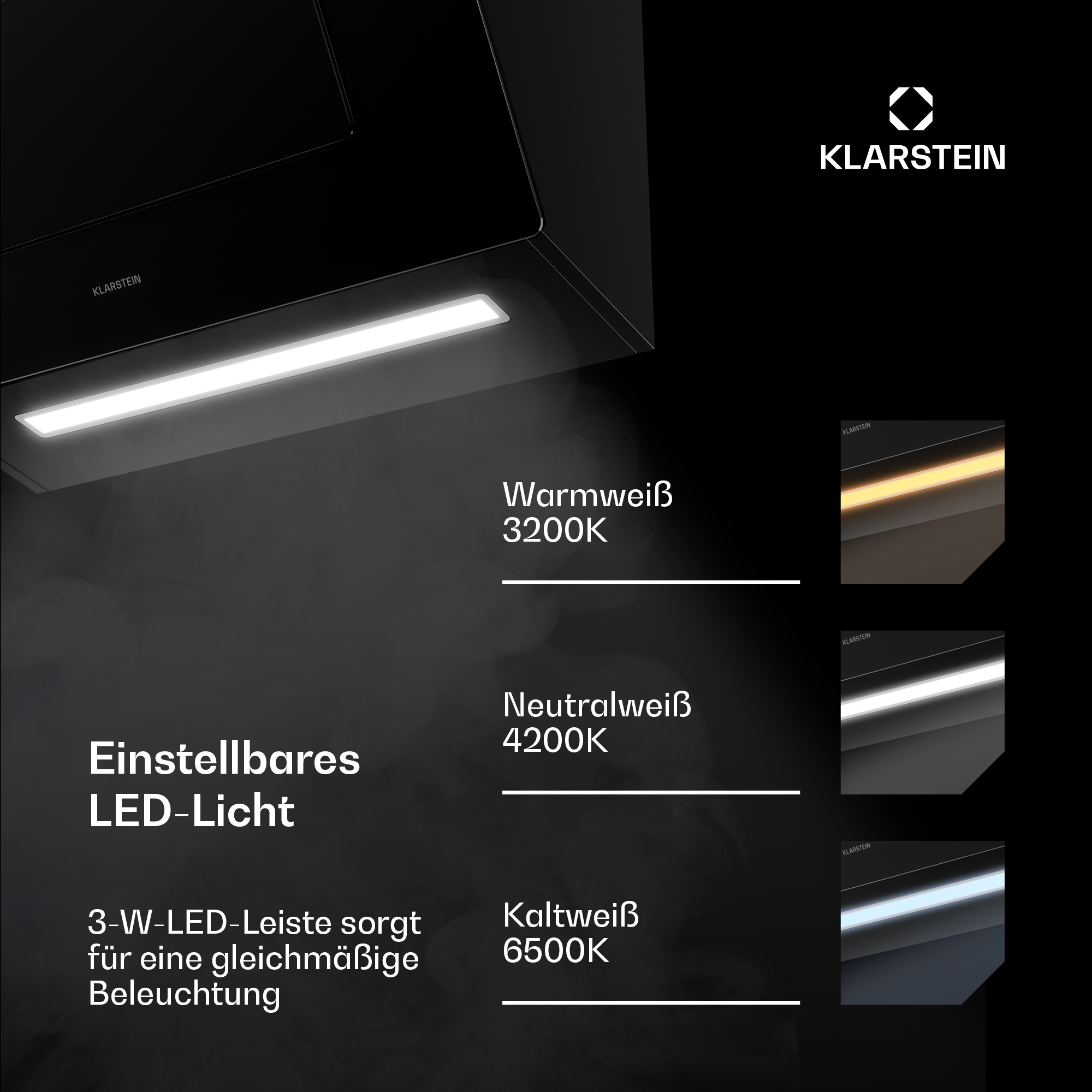 Klarstein Abzugshaube mit einstellbarem LED-Licht in warmweiß, neutralweiß und kaltweiß.