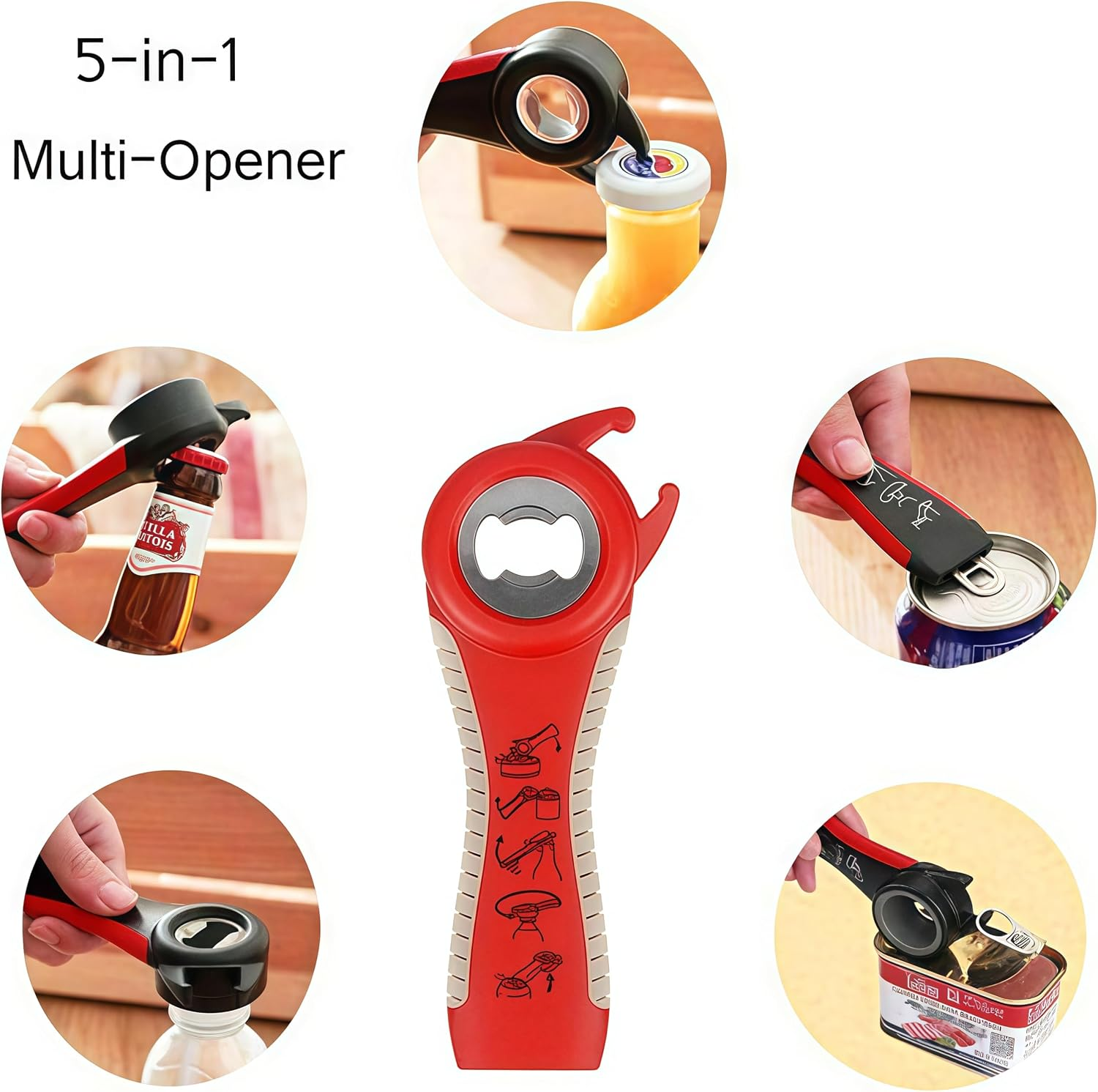 Ein roter und schwarzer 5-in-1-Multifunktionsöffner wird in der Mitte und bei verschiedenen Anwendungen gezeigt.
