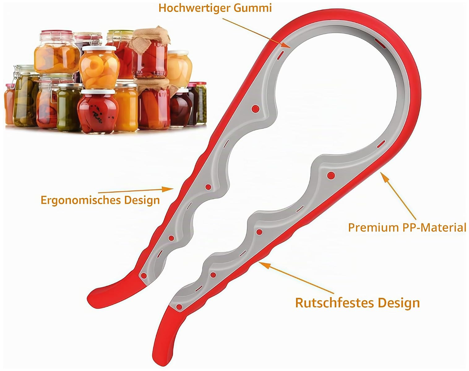 Ein roter und grauer Glasöffner mit deutscher Beschriftung zeigt Produktmerkmale, links gestapelte Einmachgläser.