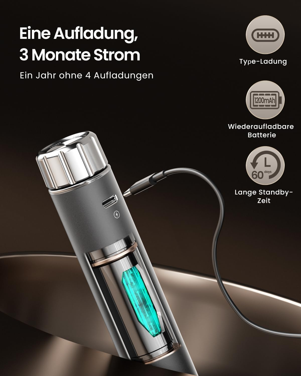 Graue zylindrische Taschenlampe mit USB-C-Ladekabel und technischem Innenleben, begleitet von Infografiken.