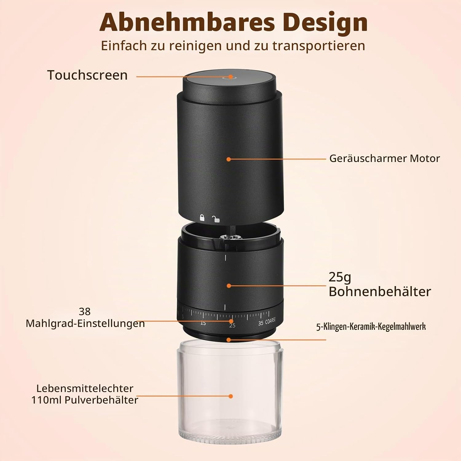 Abnehmbare schwarze Kaffeemühle mit Touchscreen, Bohnenbehälter und transparentem Pulverbehälter.