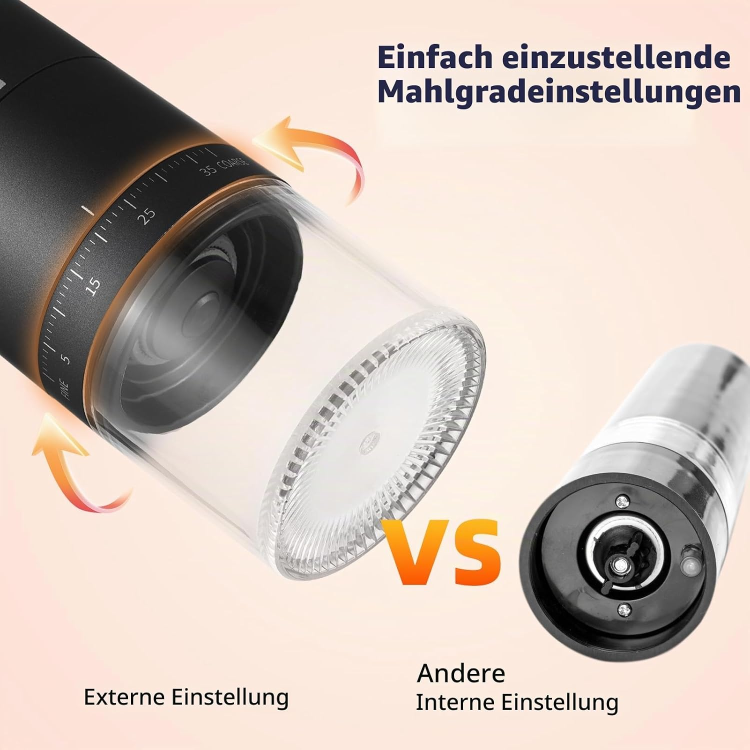 Vergleich zweier Kaffeemühlen mit externer und interner Mahlgradeinstellung.