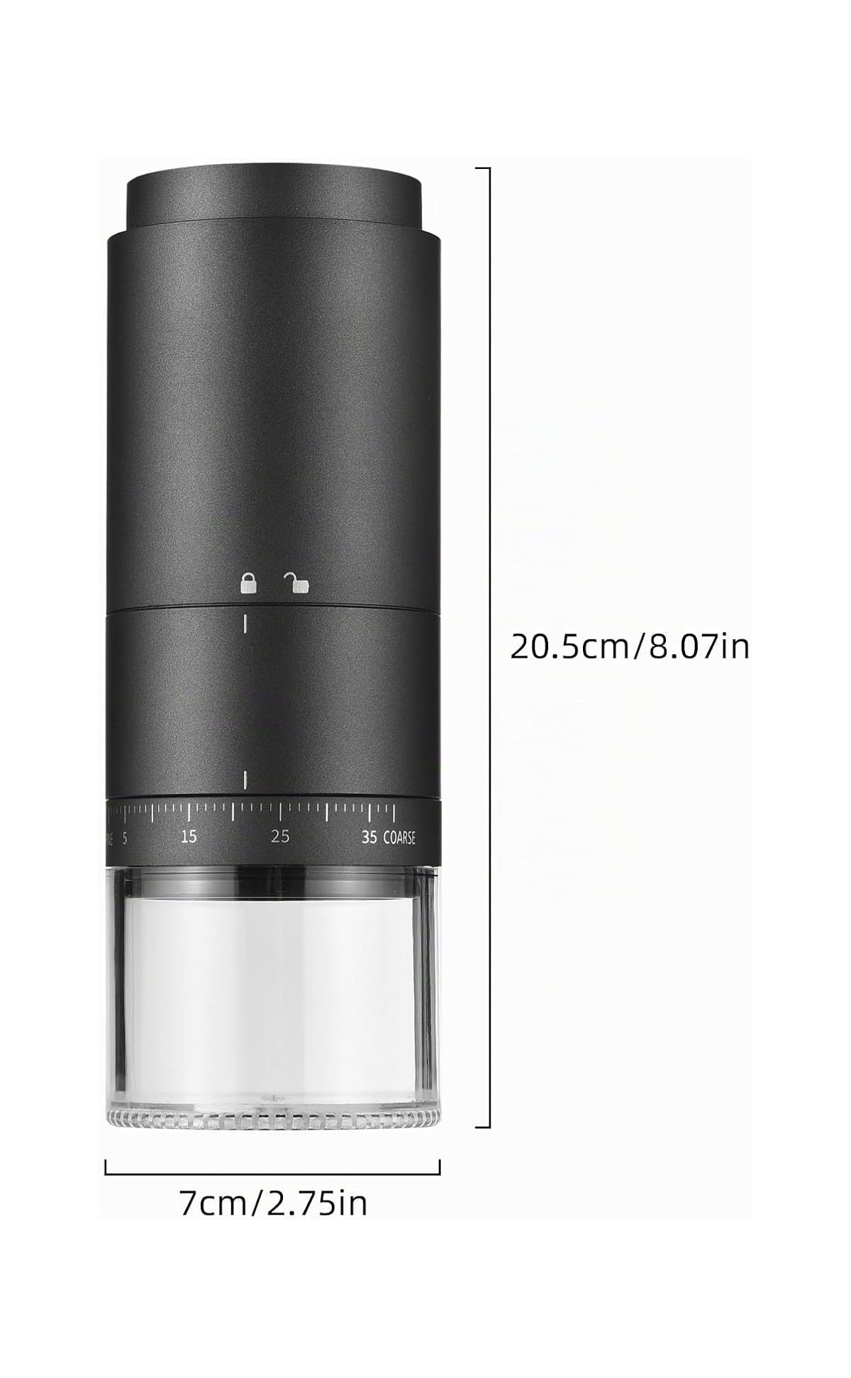 Eine schwarze Handkaffemühle mit Maßlinien für 20,5 cm Höhe und 7 cm Breite.