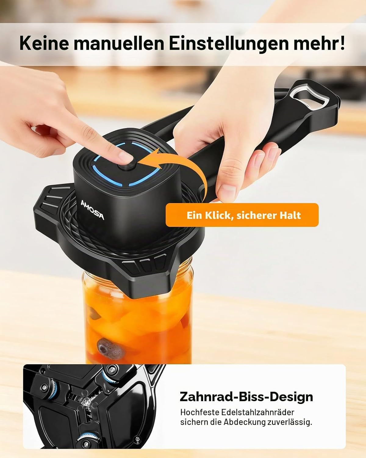 Ein elektrischer Dosenöffner öffnet mit einem Knopfdruck ein Glas mit Orangenmarmelade.