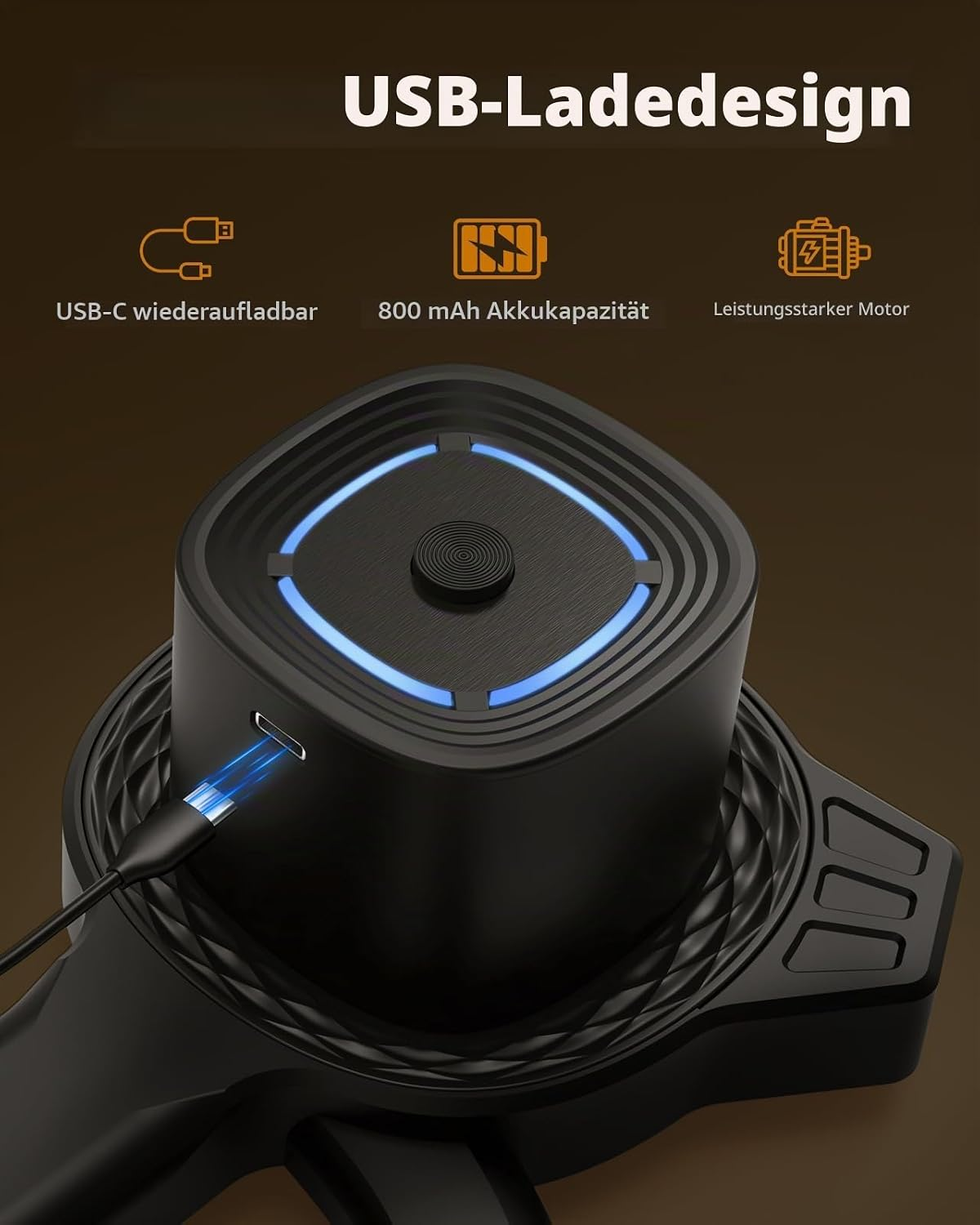 Schwarzes USB-C Gerät mit blauen Lichtern und Produktmerkmalen auf braunem Hintergrund.