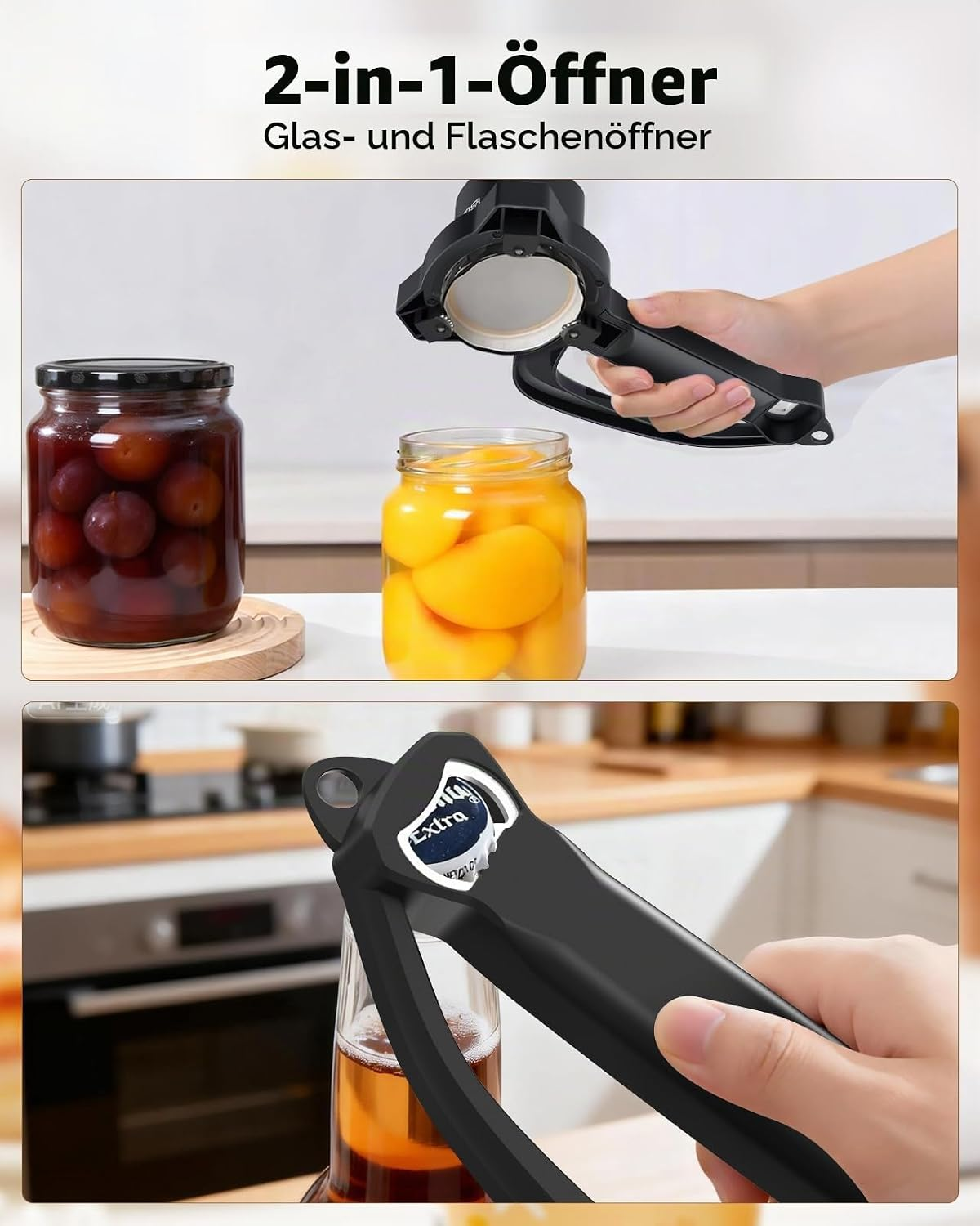Ein 2-in-1-Glas- und Flaschenöffner öffnet einen Glaskorb mit Früchten und einen Flaschendeckel in einer Küche.
