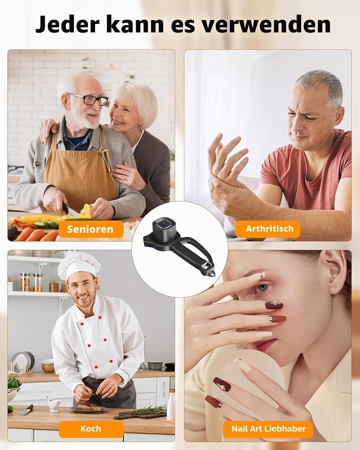 Eine Collage zeigt Senioren, einen Mann mit Arthritis, einen Koch und jemanden mit Nailart.