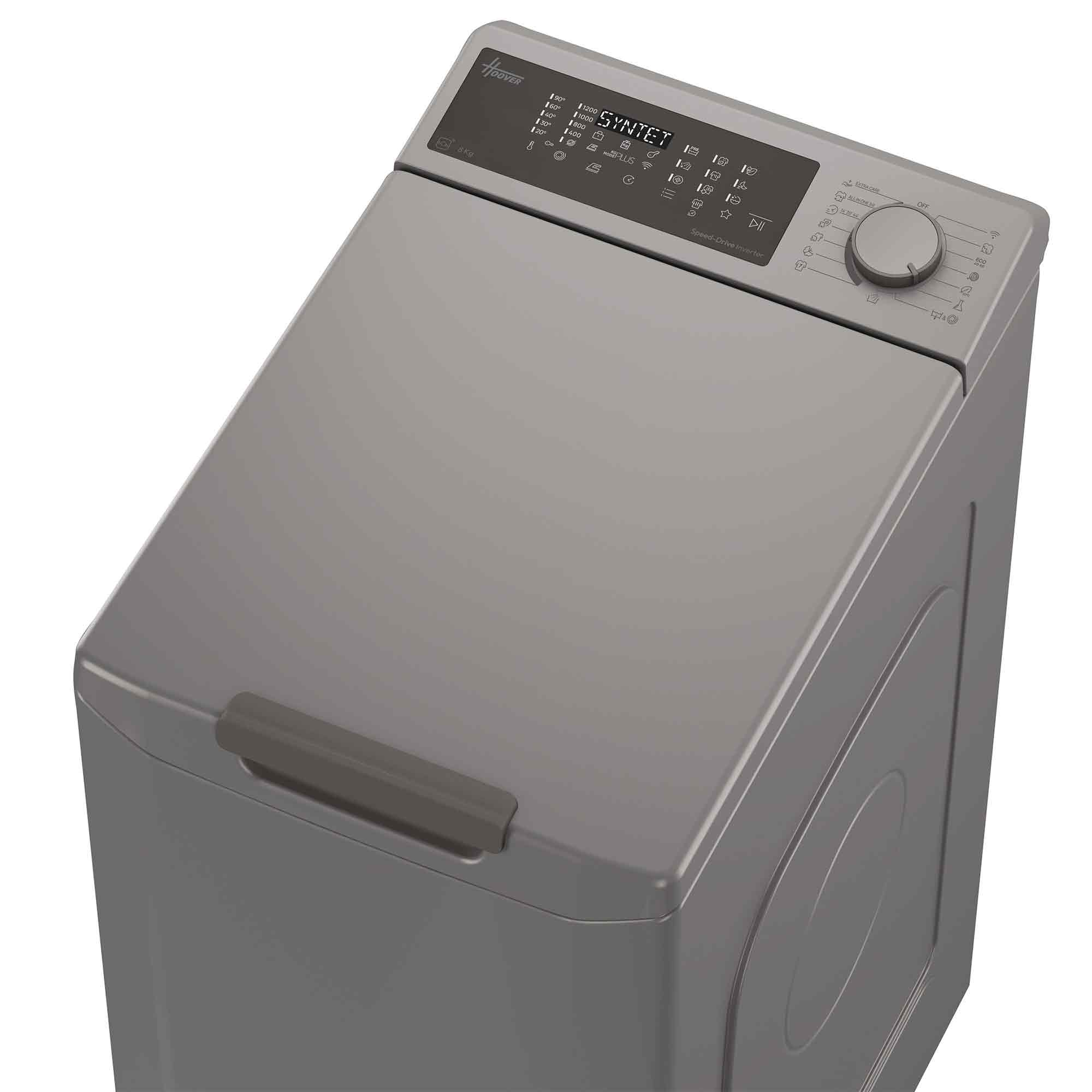 Eine graue Toplader-Waschmaschine von oben gesehen mit schwarzem Bedienfeld und Drehknopf.