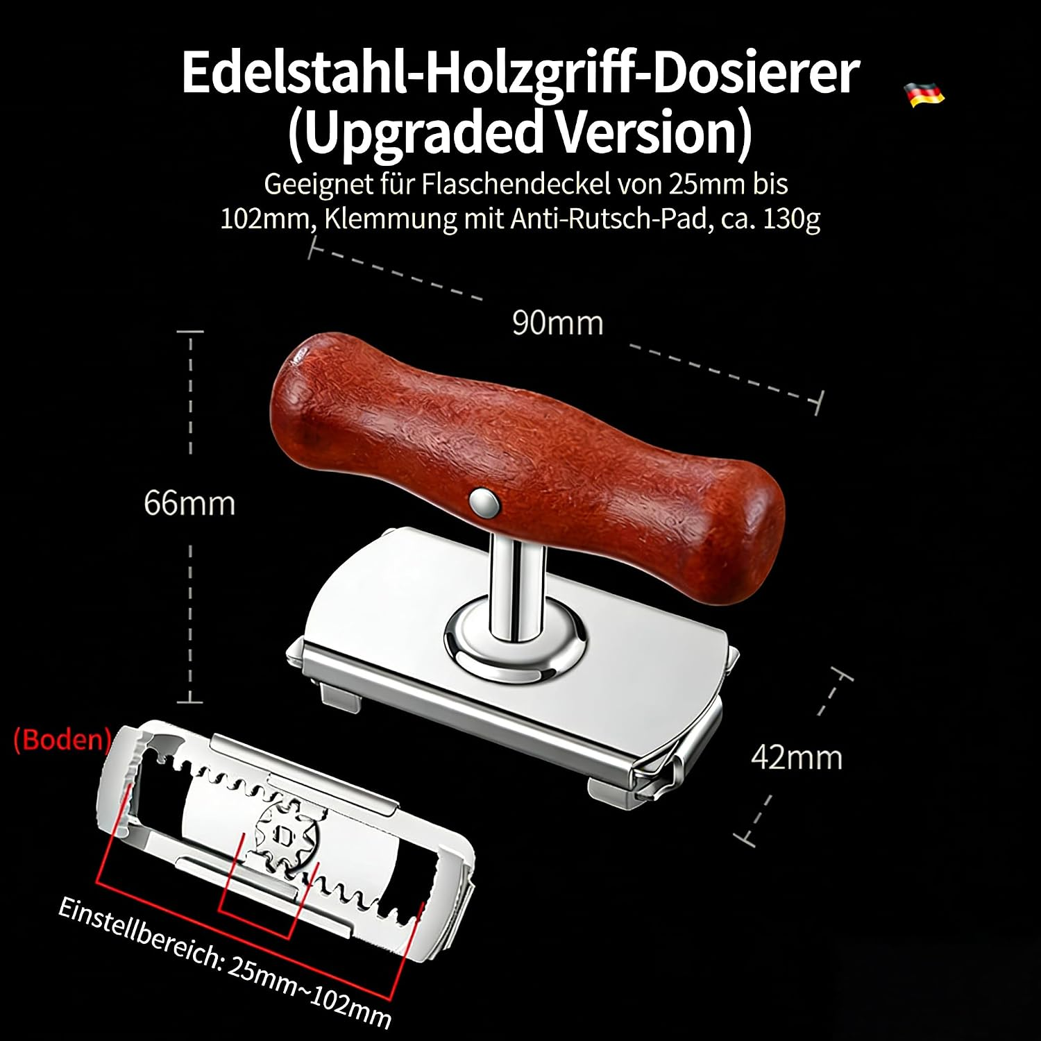 Edelstahl-Holzgriff-Dosierer mit Maßen und Beschreibung auf schwarzem Hintergrund.
