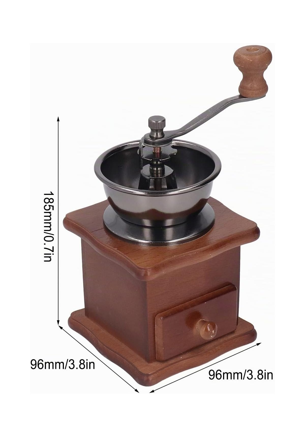 Eine alte Kaffeemühle aus Holz mit markierten Maßen, einem Metalltrichter und einer Handkurbel oben.